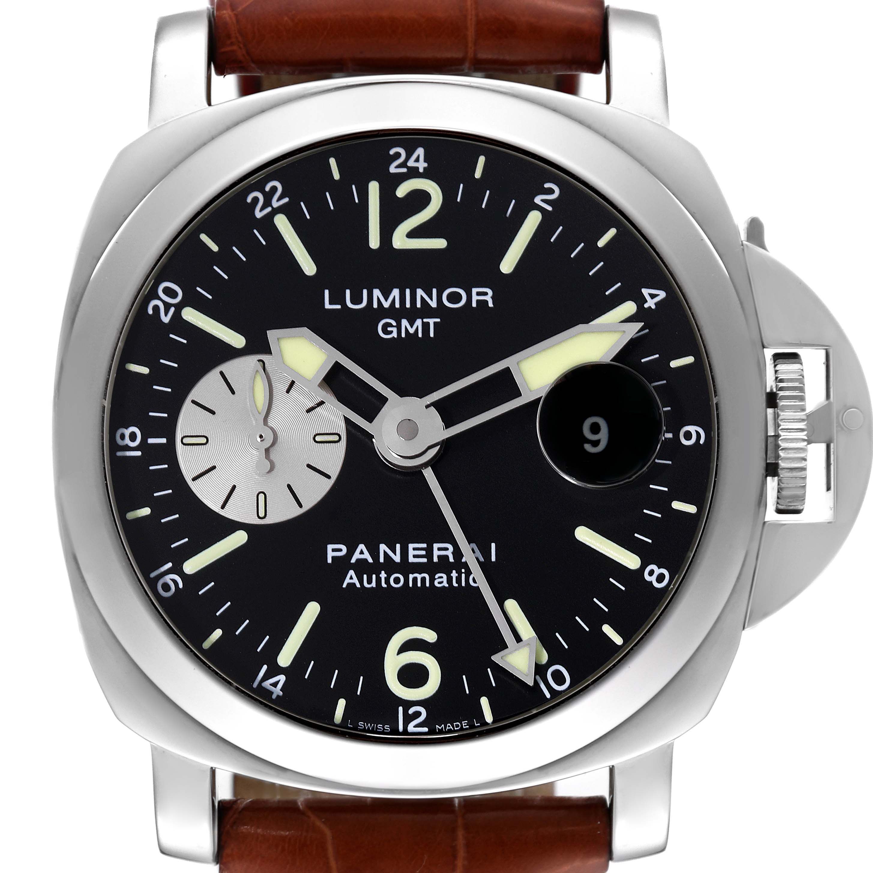 This image shows a frontal view of the Panerai Luminor PAM00088 Men
s Stainless Steel Black Dial PAM00088 Men
s Stainless Steel Black Dial model watch, including the dial, hands, and crown guard detail.
