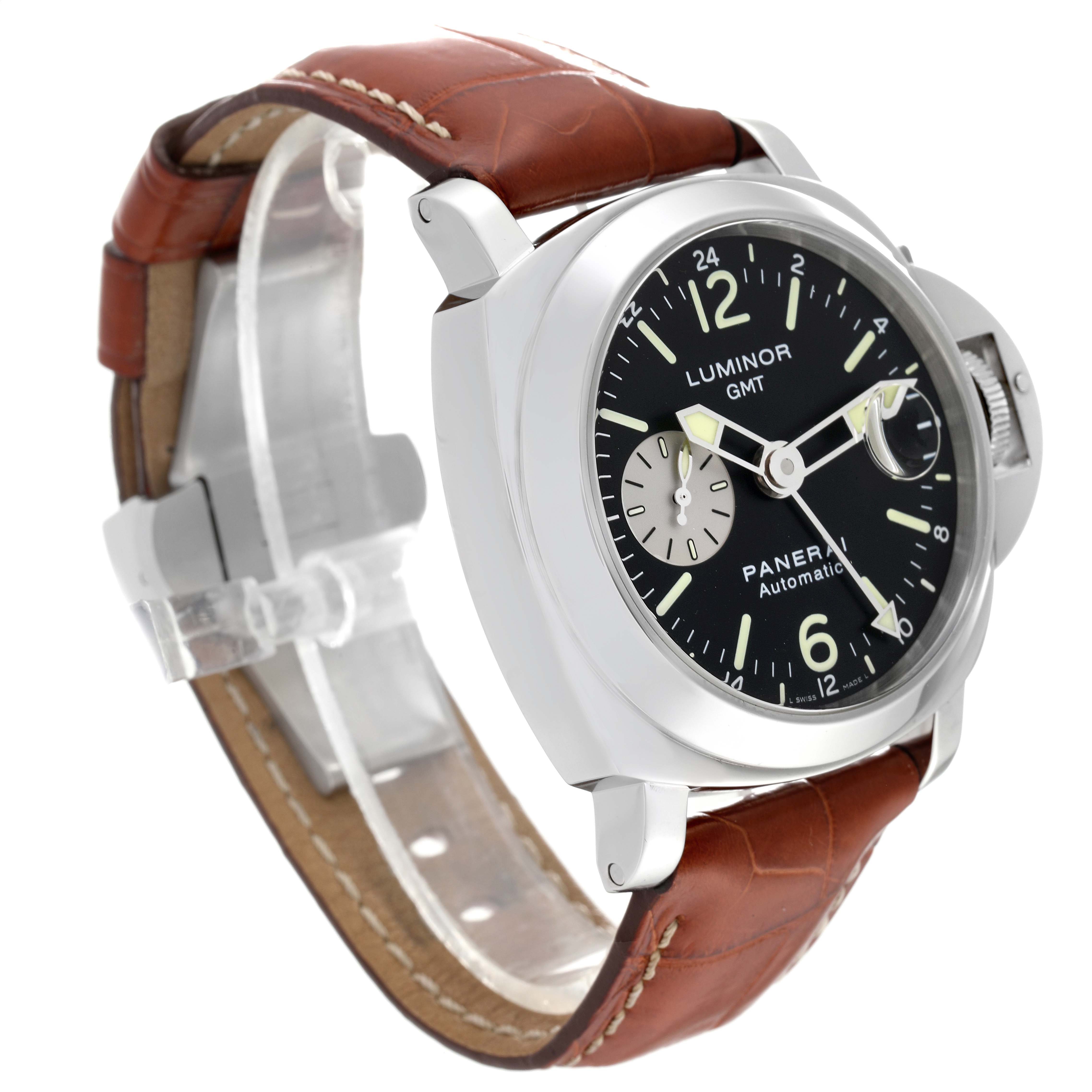 The image shows a Panerai Luminor PAM00088 Men
s Stainless Steel Black Dial PAM00088 Men
s Stainless Steel Black Dial model watch from a three-quarter angle, highlighting the face, bezel, crown guard, and brown leather strap.