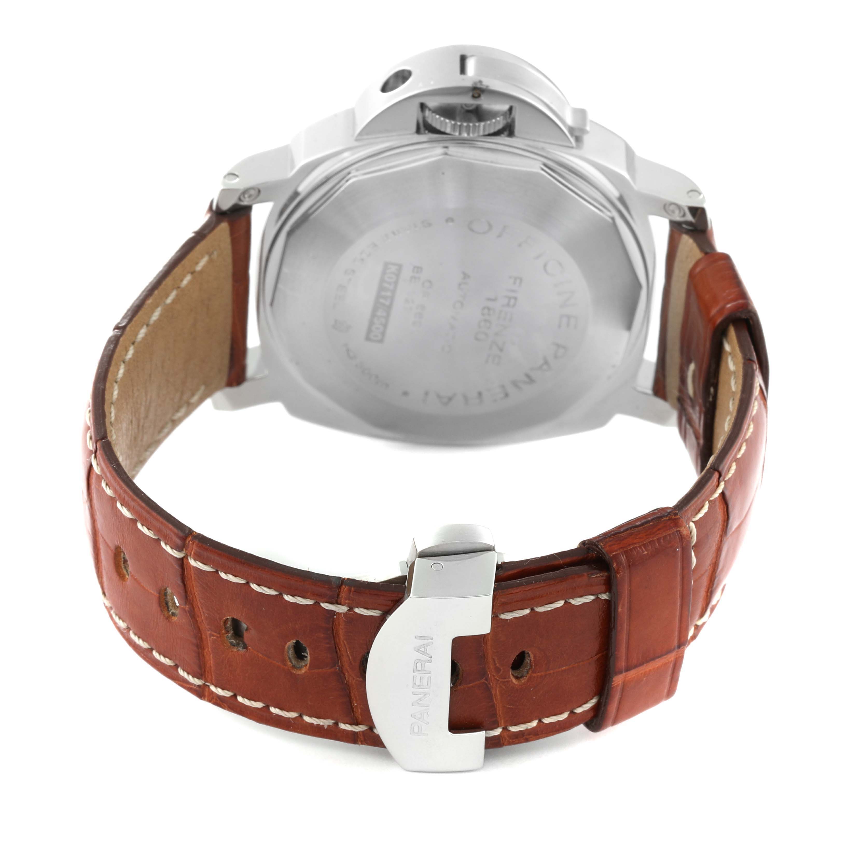 The image shows the back case and strap of a Panerai Luminor PAM00088 Men
s Stainless Steel Black Dial PAM00088 Men
s Stainless Steel Black Dial watch, highlighting the buckle and leather strap.