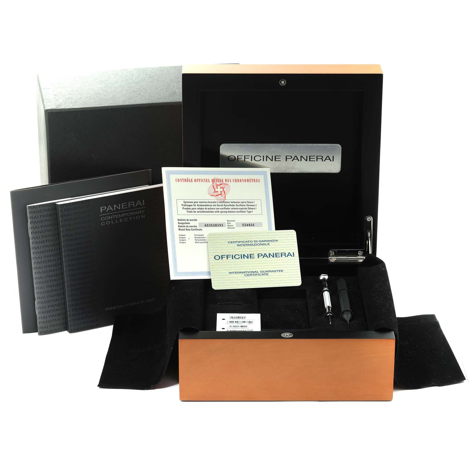 This image of the Panerai Luminor PAM00088 Men
s Stainless Steel Black Dial PAM00088 Men
s Stainless Steel Black Dial watch includes its box, user manuals, certificates, and additional tools.