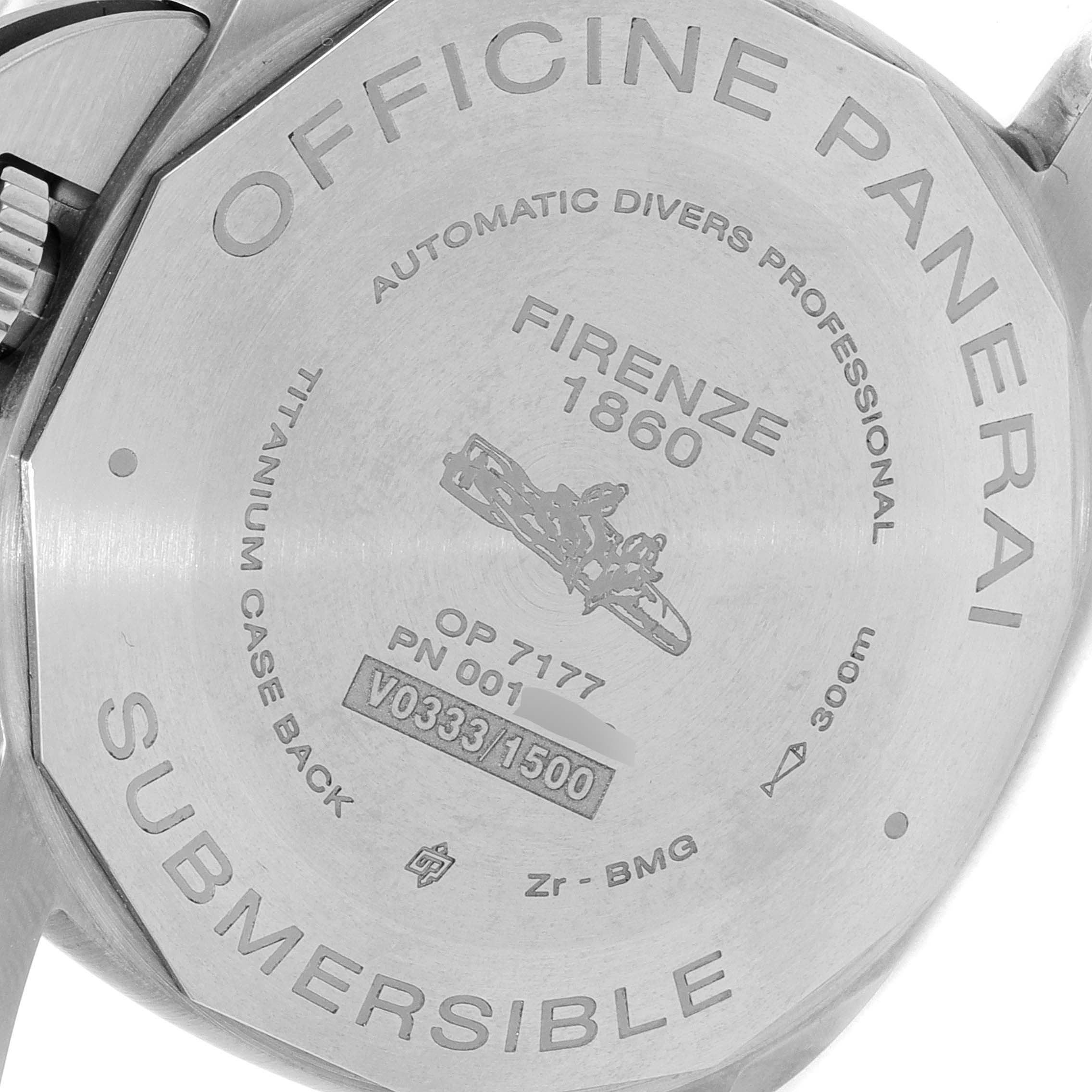 The image shows the back case of a Panerai Submersible PAM00799 Men's Ceramic Black Dial PAM00799 Men's Ceramic Black Dial watch, highlighting engravings and specifications.