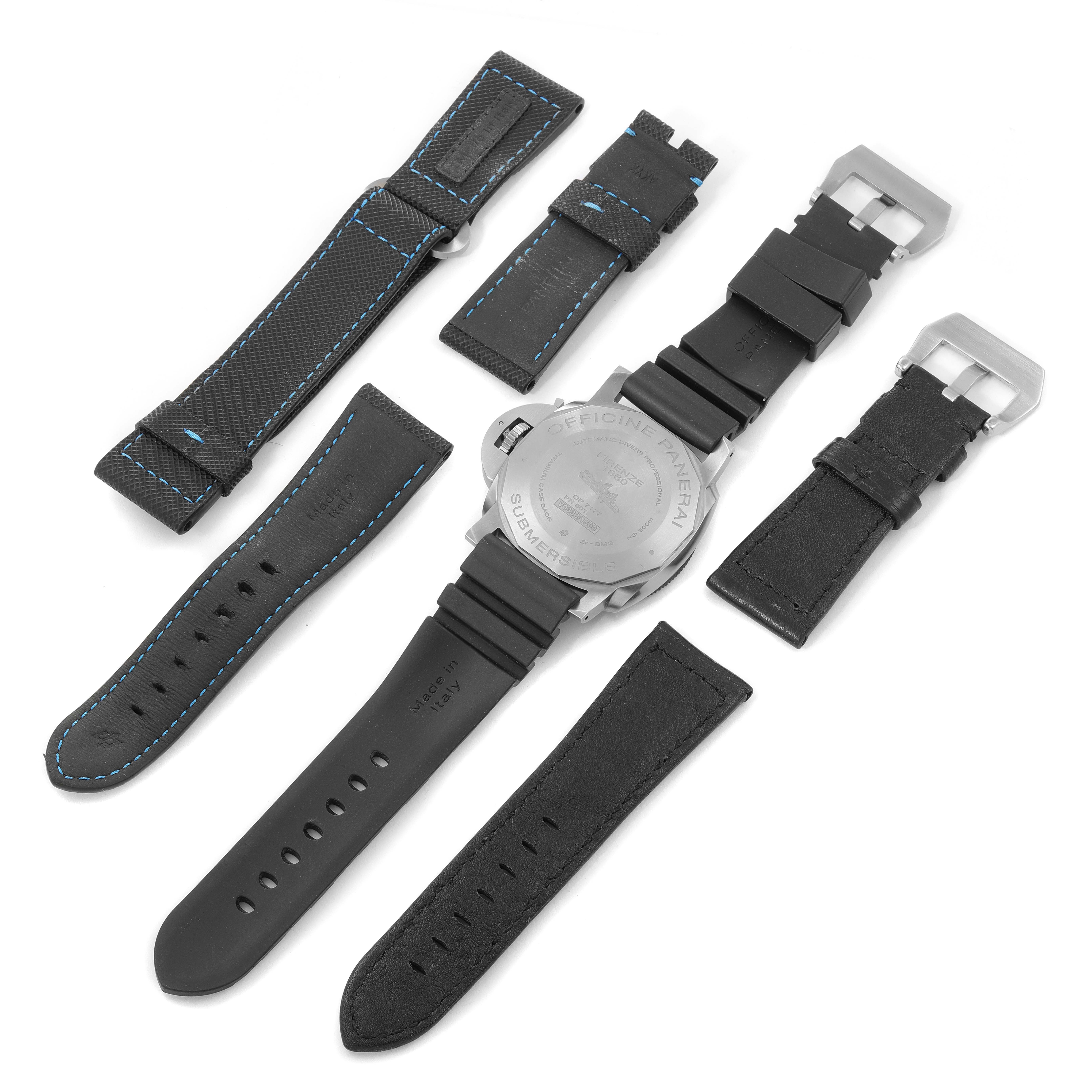 The image shows the back view of a Panerai Submersible PAM00799 Men's Ceramic Black Dial PAM00799 Men's Ceramic Black Dial watch with several interchangeable bands.