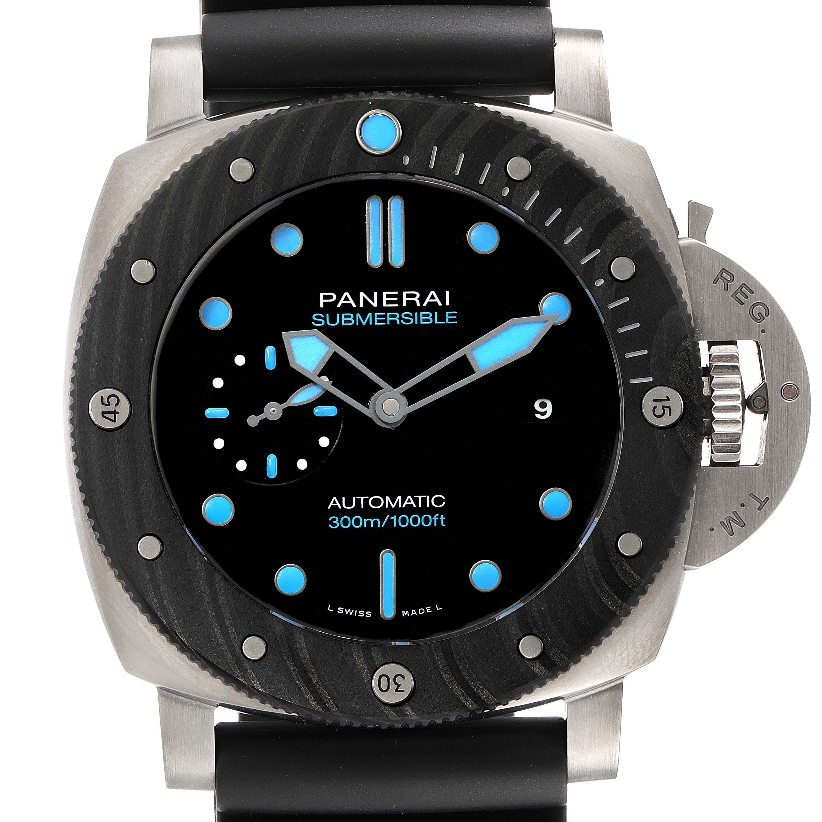 The image shows a front view of the Panerai Submersible PAM00799 Men's Ceramic Black Dial PAM00799 Men's Ceramic Black Dial watch, displaying its dial, bezel, and strap.