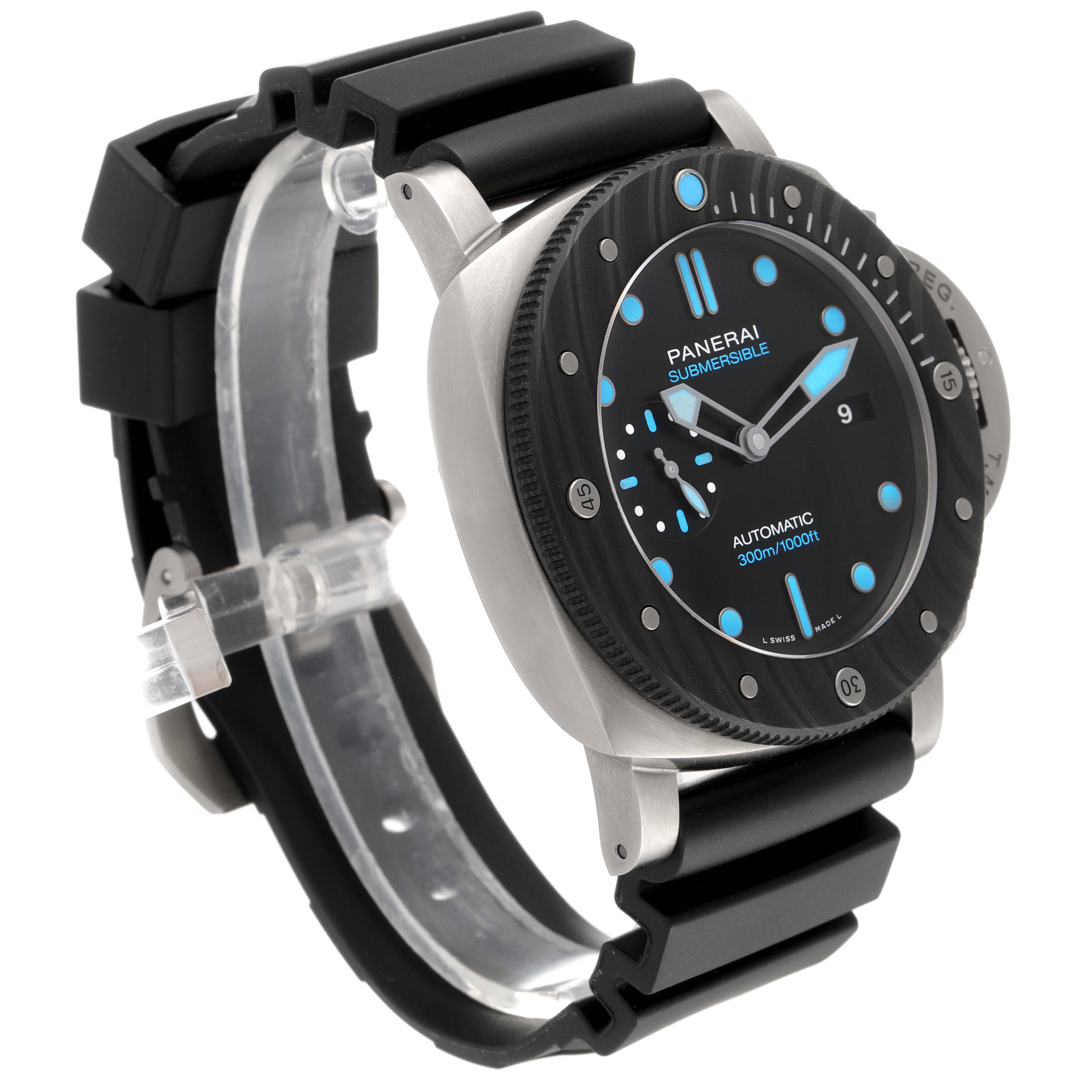 The Panerai Submersible PAM00799 Men's Ceramic Black Dial PAM00799 Men's Ceramic Black Dial watch is shown at a three-quarter angle, highlighting its face, bezel, and strap.