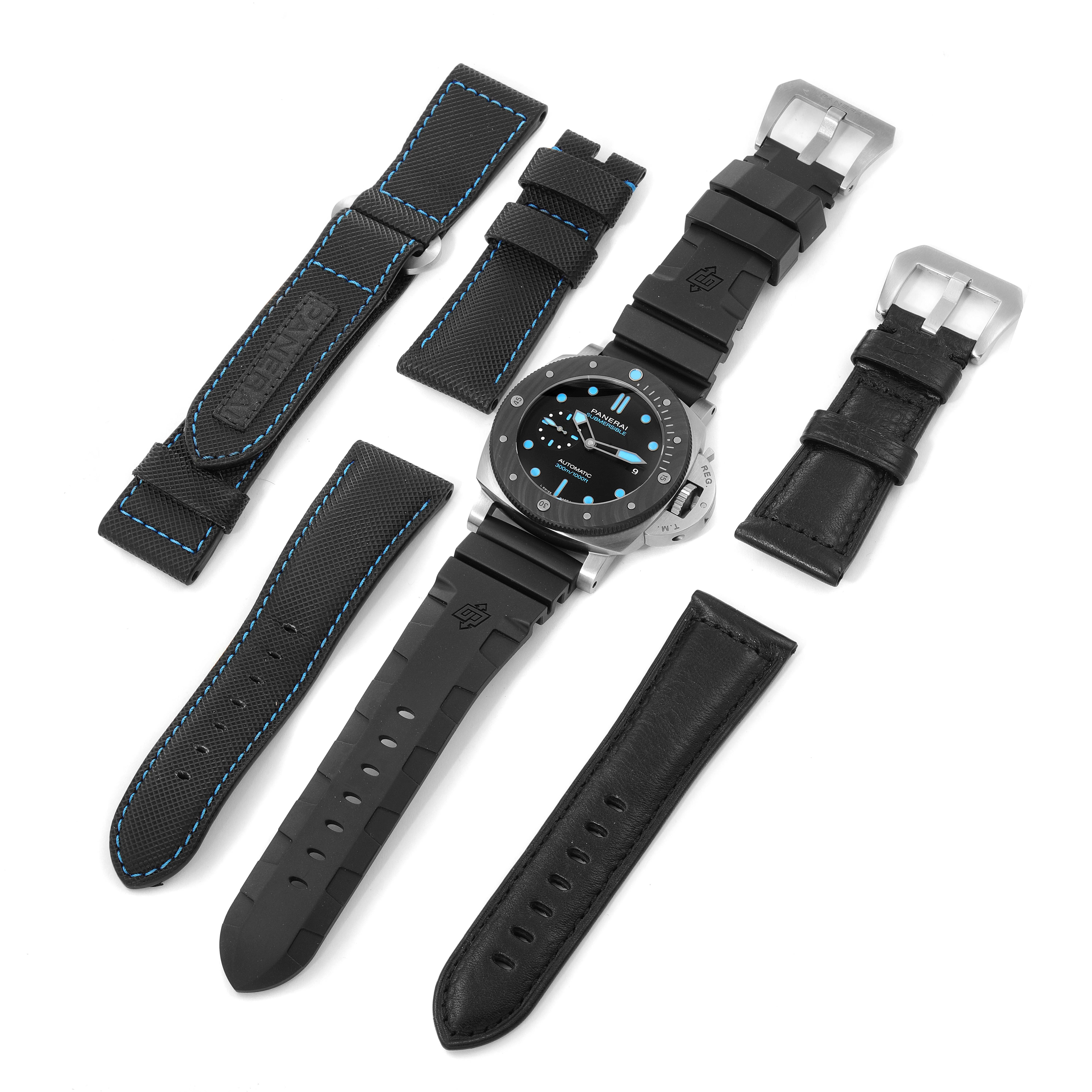 The image shows a top-down view of the Panerai Submersible PAM00799 Men's Ceramic Black Dial PAM00799 Men's Ceramic Black Dial watch with various interchangeable straps.