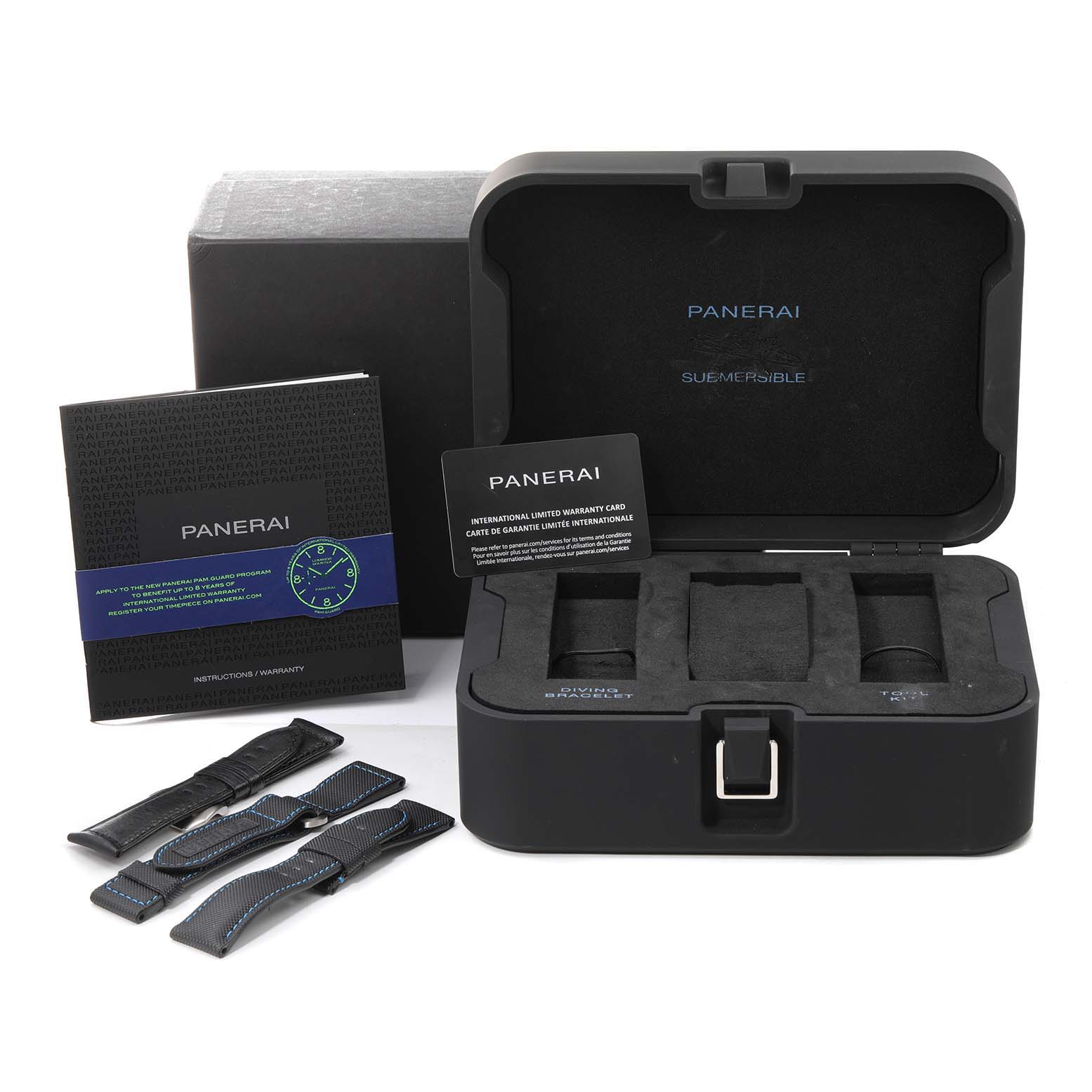 The image shows a Panerai Submersible PAM00799 Men's Ceramic Black Dial PAM00799 Men's Ceramic Black Dial model watch package, including a case, warranty card, instruction booklet, and multiple straps.