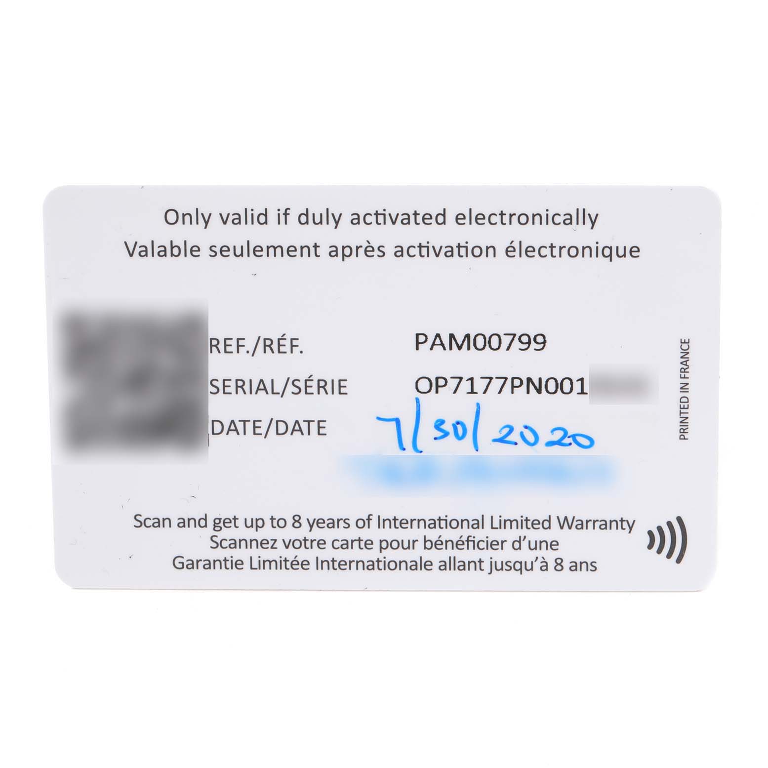 This image shows a warranty card for the Panerai Submersible PAM00799 Men's Ceramic Black Dial PAM00799 Men's Ceramic Black Dial model PAM00799.