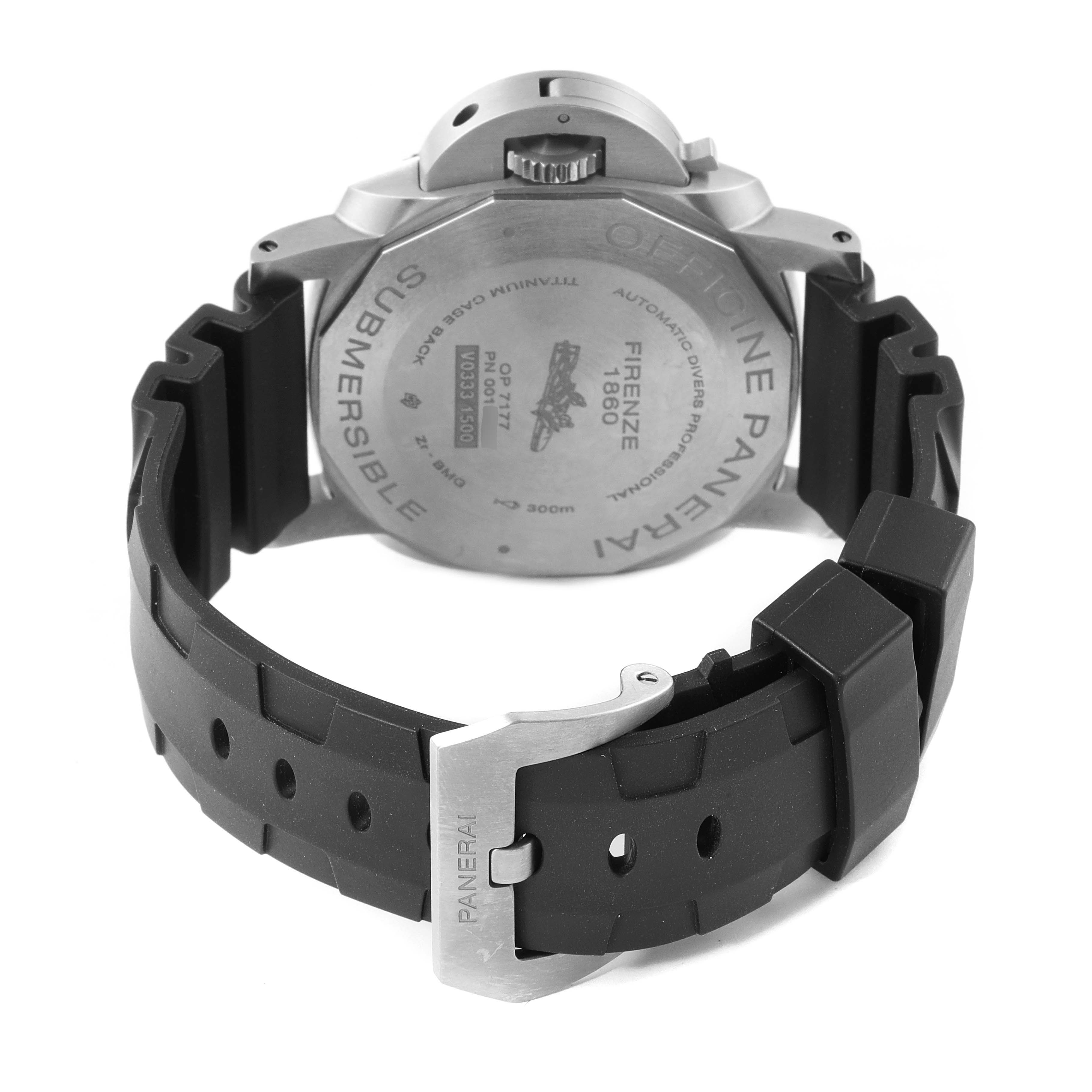 The image shows the rear view of a Panerai Submersible PAM00799 Men's Ceramic Black Dial PAM00799 Men's Ceramic Black Dial watch, focusing on the case back and rubber strap with clasp.