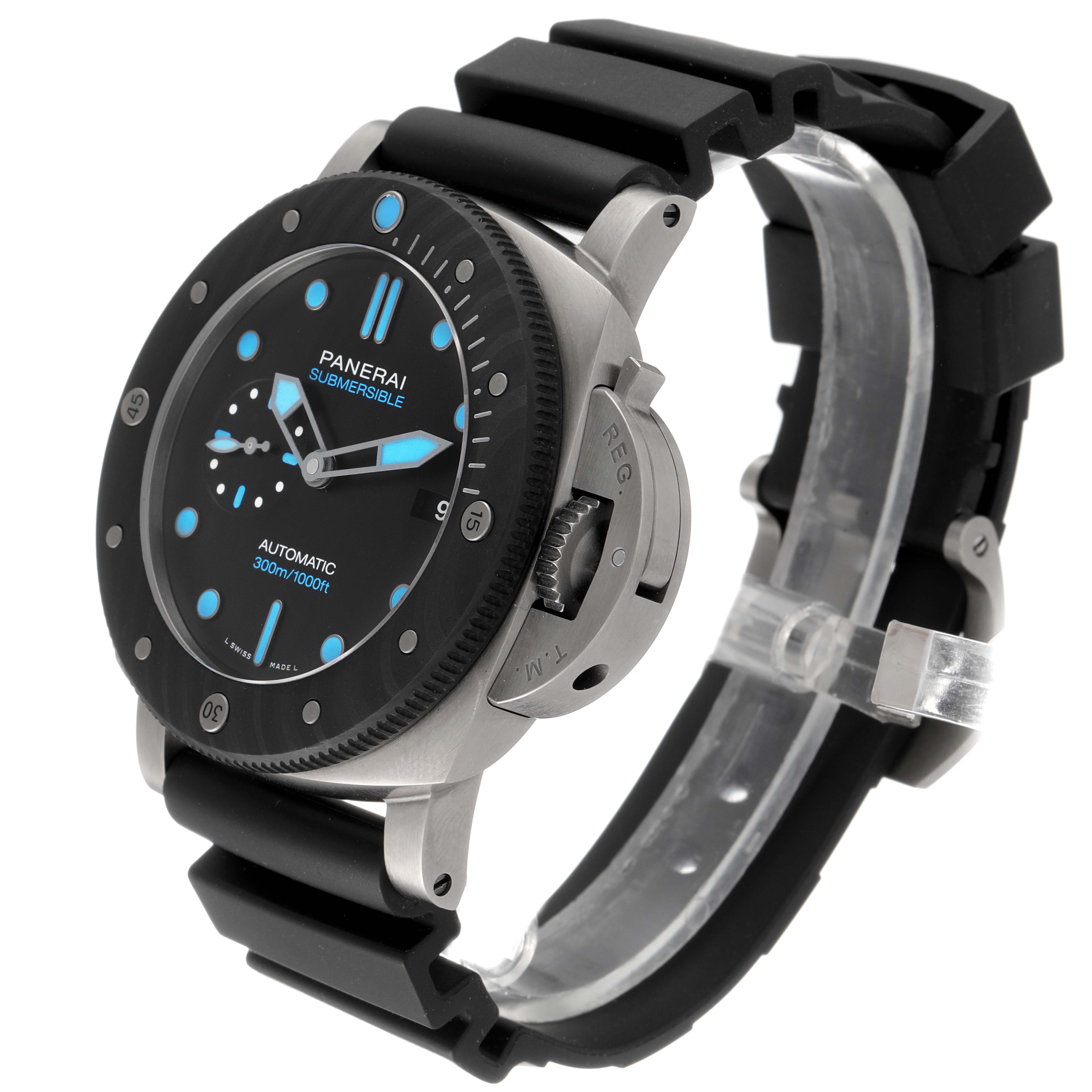 This image shows a Panerai Submersible PAM00799 Men's Ceramic Black Dial PAM00799 Men's Ceramic Black Dial watch from an angled side view highlighting the dial, bezel, and strap.