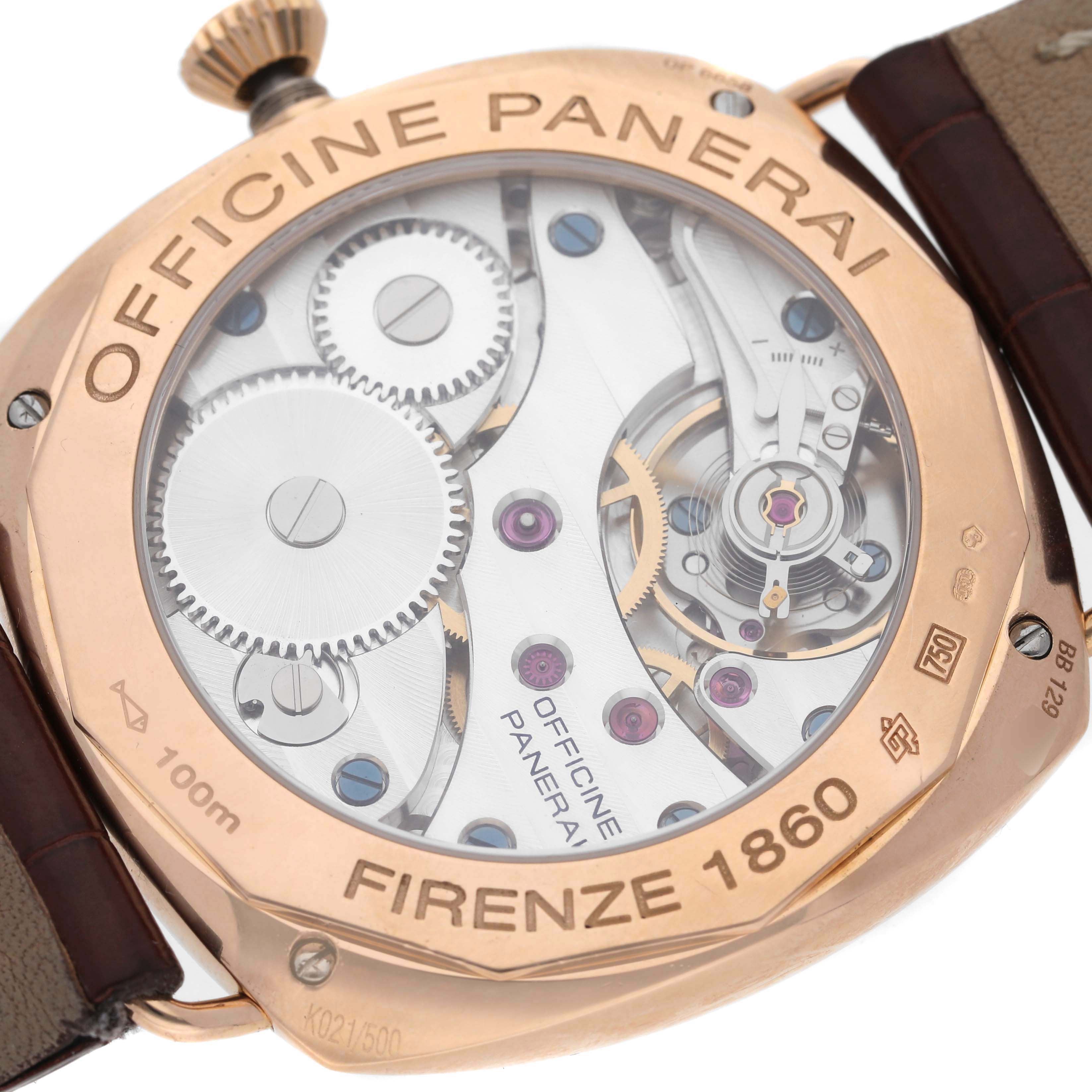 The image shows a close-up of the Panerai Radiomir PAM00231 Men's Rose Gold Black Dial model's case back, displaying its mechanical movement and engraving details.