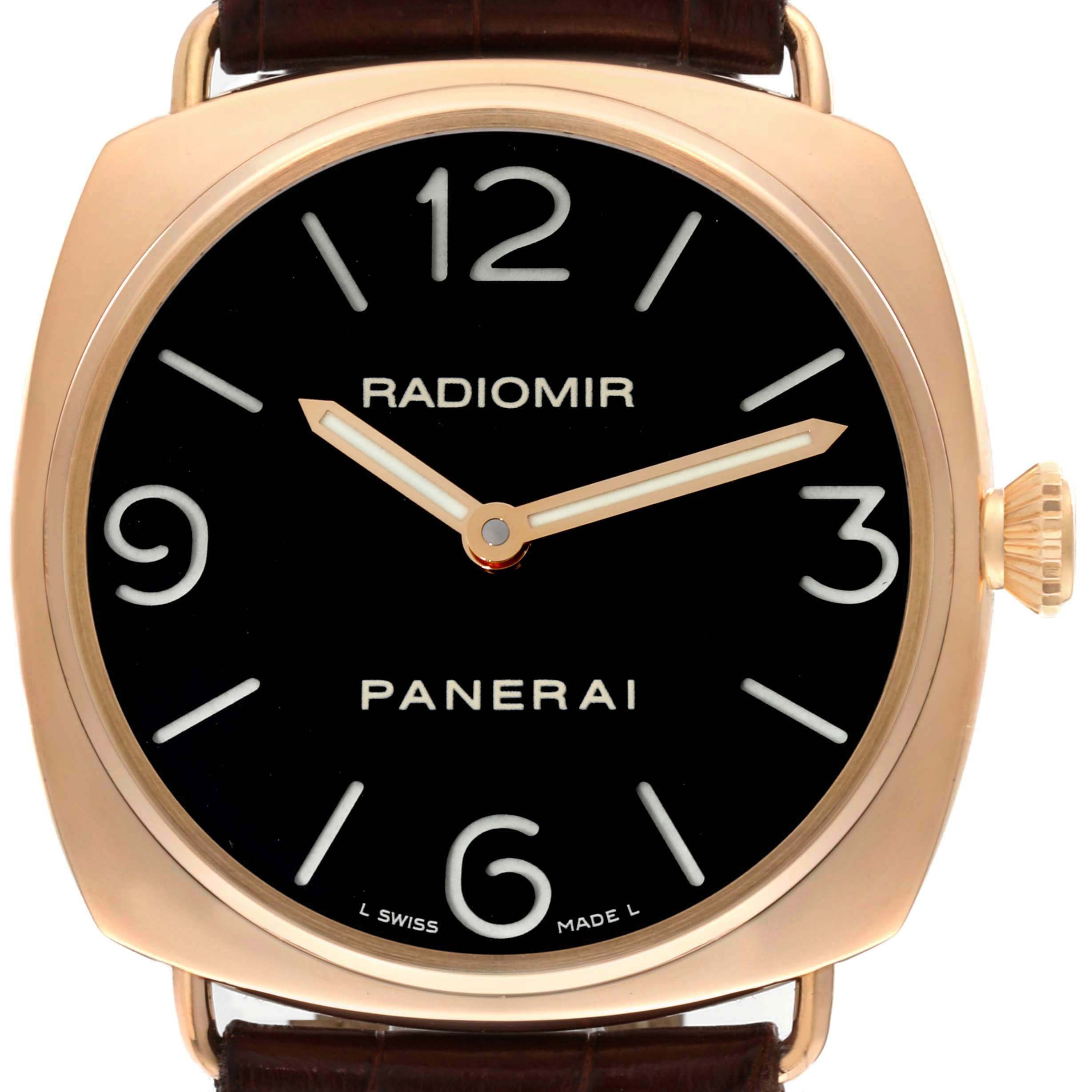 The image shows a front view of a Panerai Radiomir PAM00231 Men's Rose Gold Black Dial watch, highlighting the dial, case, and crown.