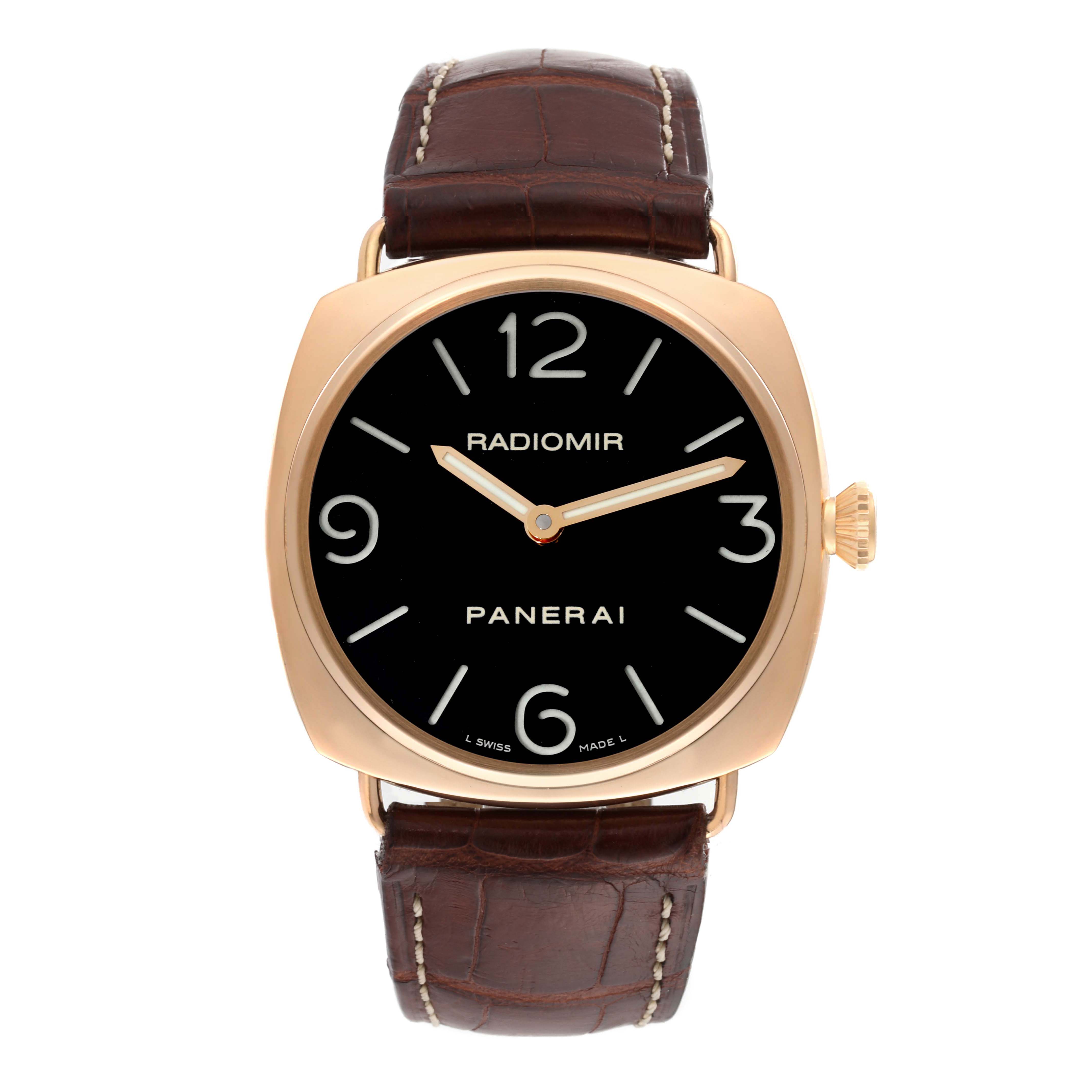 The Panerai Radiomir PAM00231 Men's Rose Gold Black Dial watch is shown from the front, displaying its face, hands, case, crown, and strap.