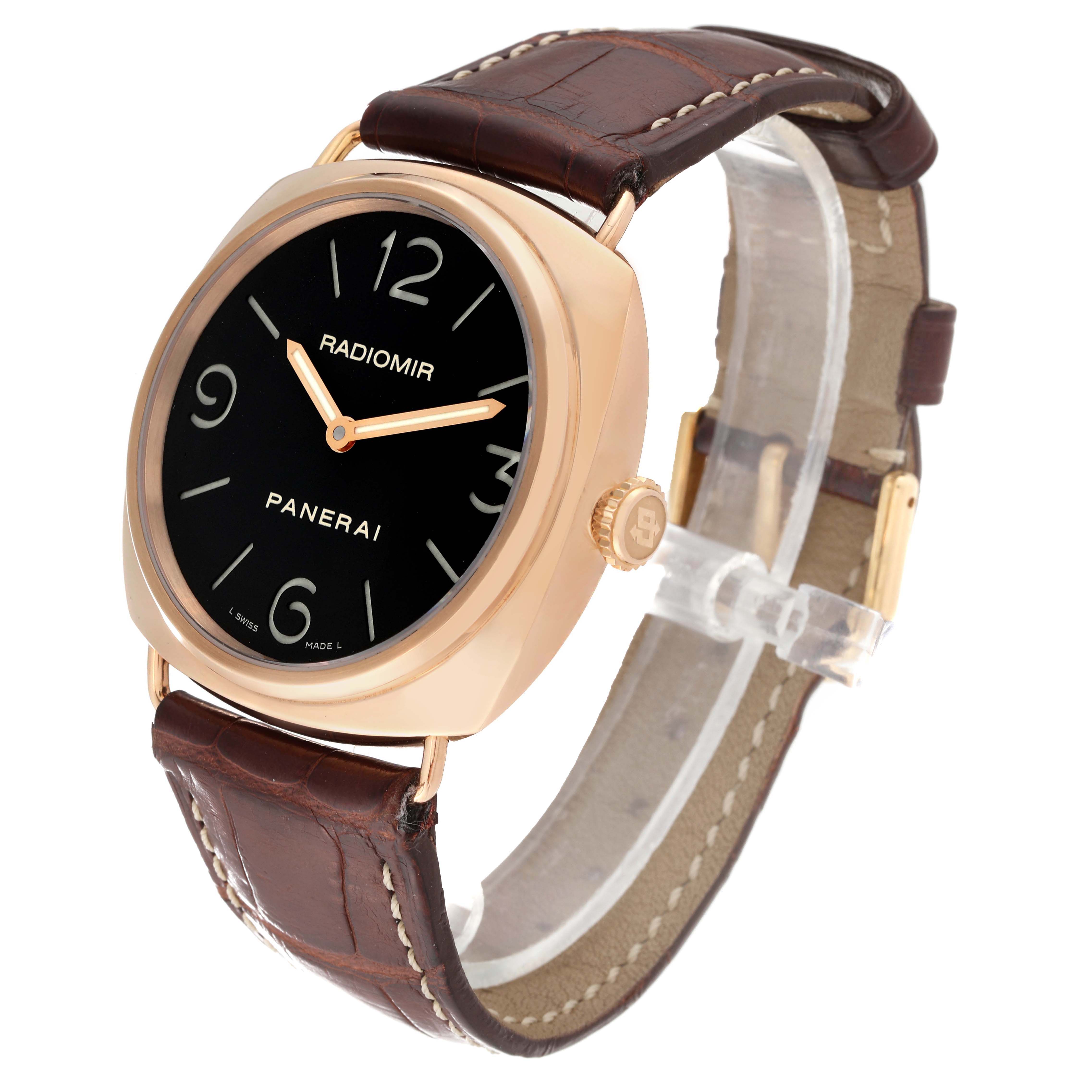 The Panerai Radiomir PAM00231 Men's Rose Gold Black Dial watch is shown at a three-quarter angle, revealing the face, crown, case, and leather strap.
