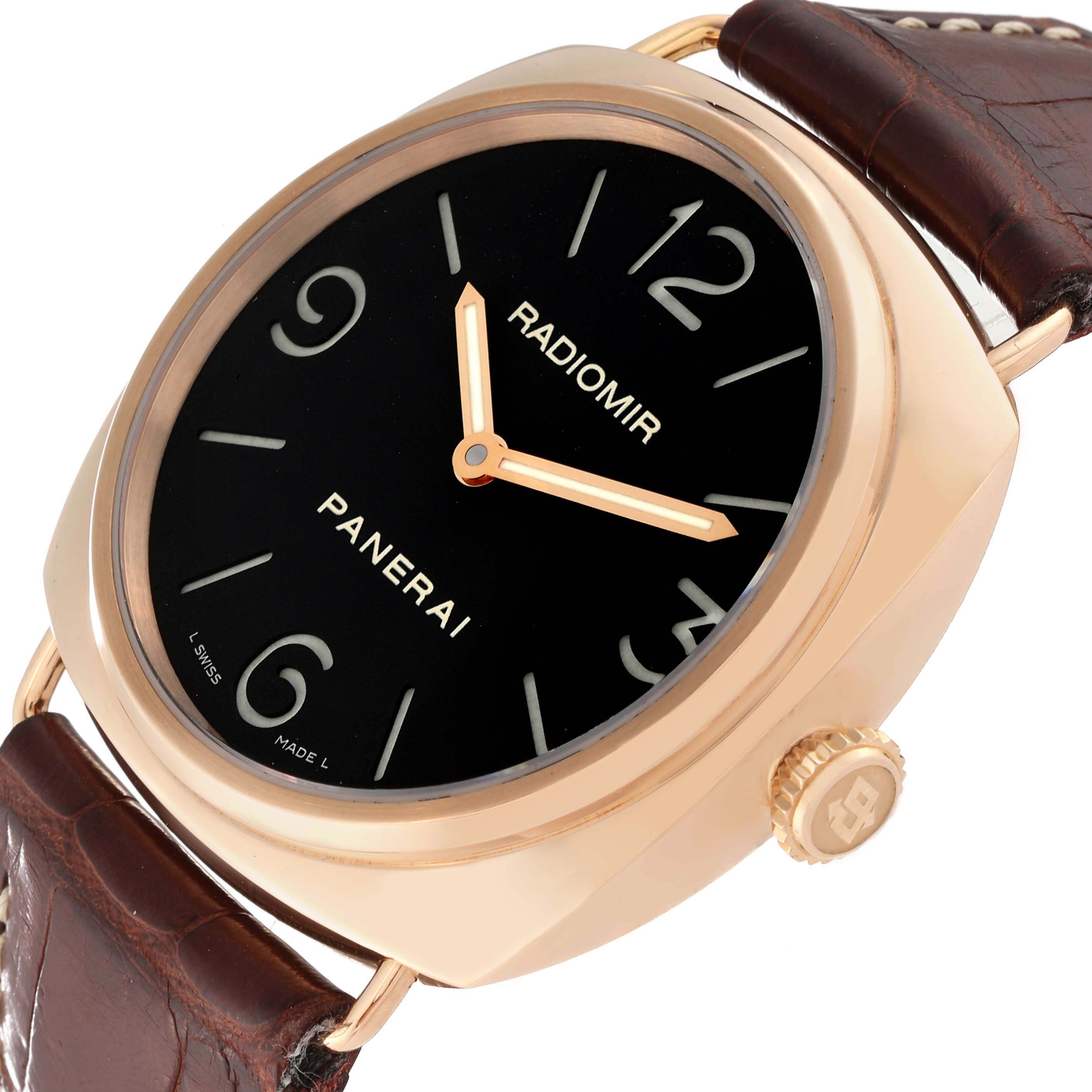 The Panerai Radiomir PAM00231 Men's Rose Gold Black Dial watch is shown at an angle highlighting the dial, crown, and part of the leather strap.