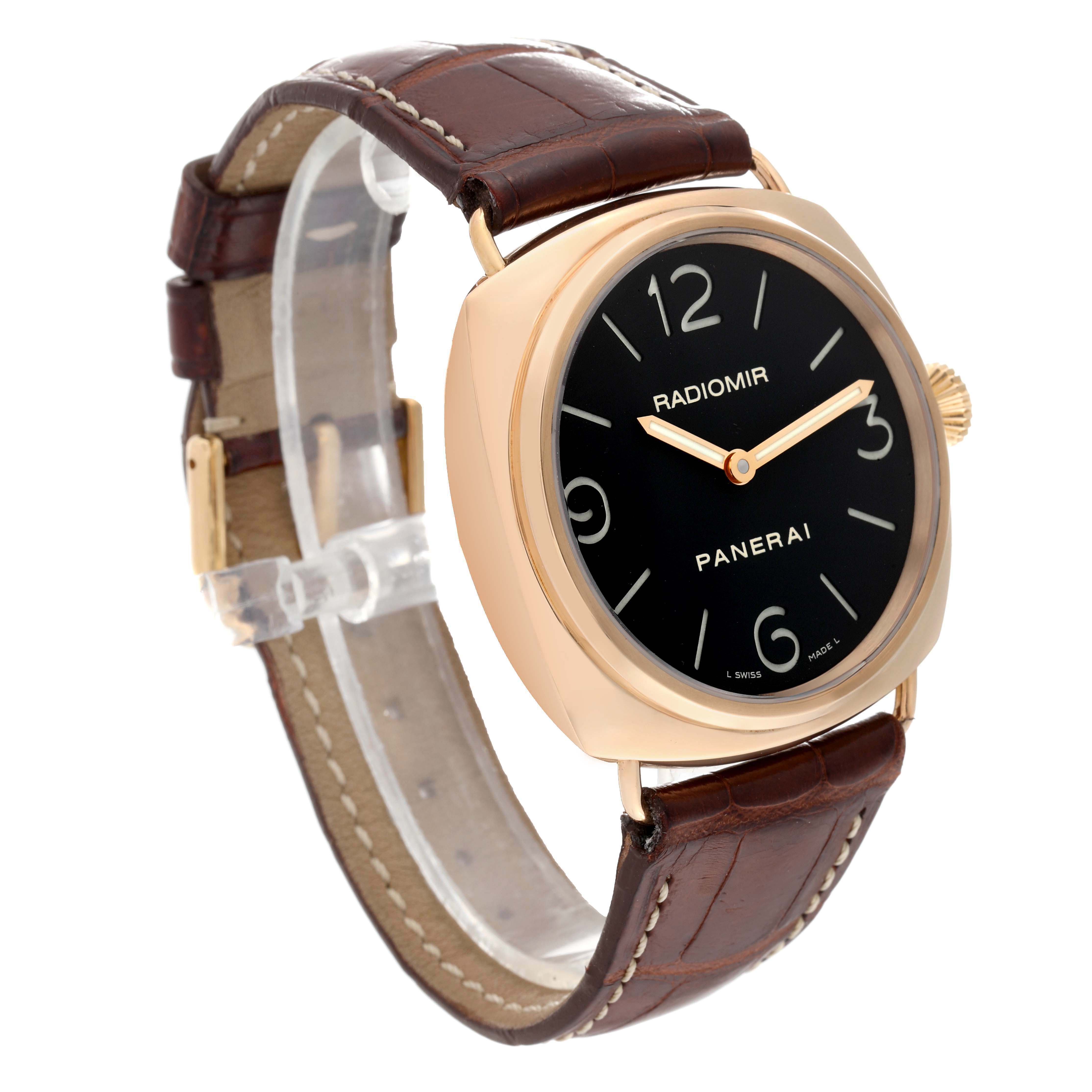 The Panerai Radiomir PAM00231 Men's Rose Gold Black Dial watch is shown at a three-quarter angle, displaying the dial, case, crown, and strap.
