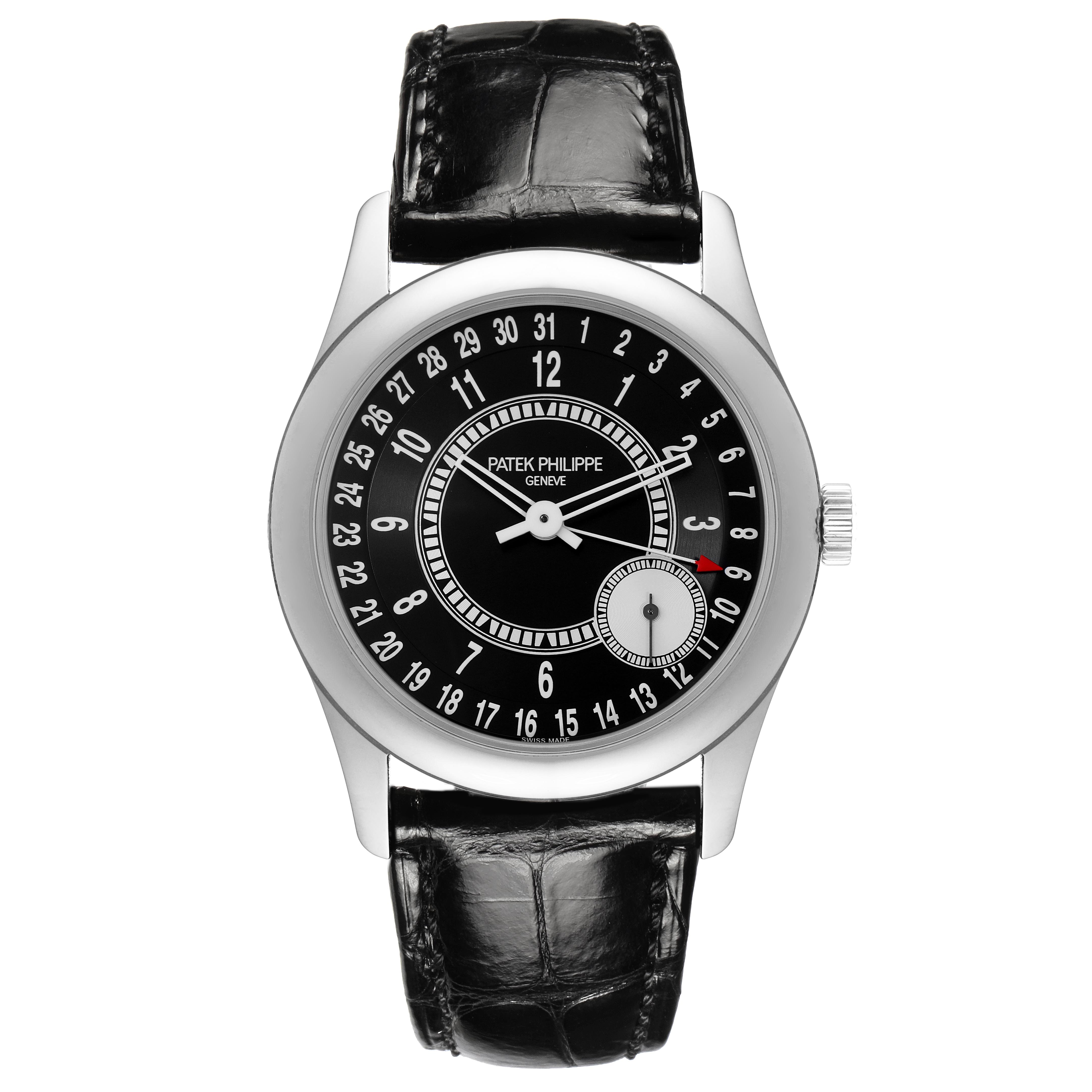 The Patek Philippe Calatrava 6006G-001 Men's White Gold Black Dial 6006G-001 Men's White Gold Black Dial watch is shown from a front angle, displaying the dial, case, and leather strap.
