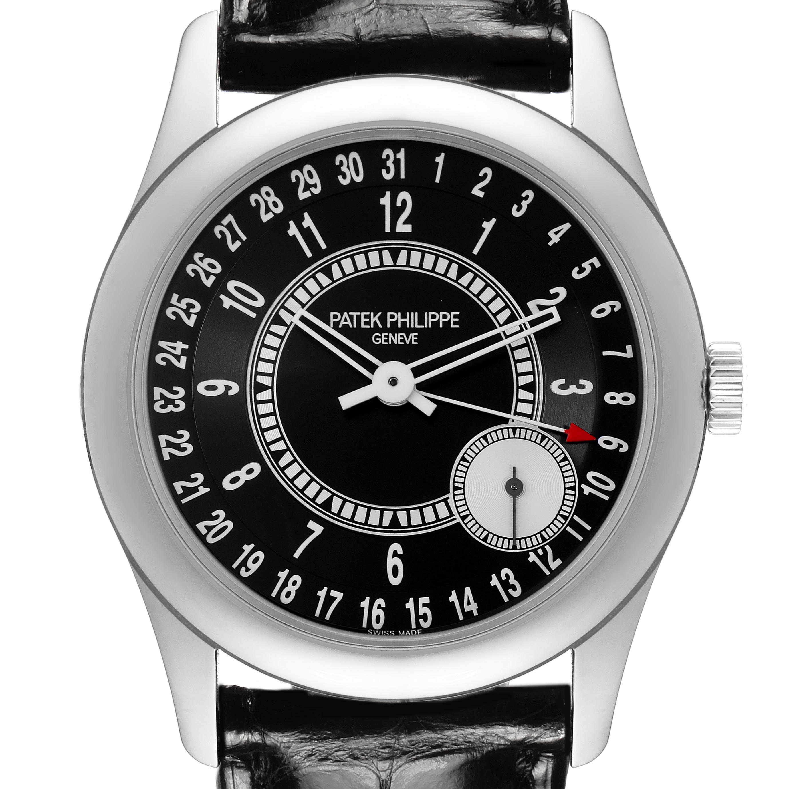 The Patek Philippe Calatrava 6006G-001 Men's White Gold Black Dial 6006G-001 Men's White Gold Black Dial watch is shown from a top-down angle, displaying the dial, hands, numbers, and part of the strap.