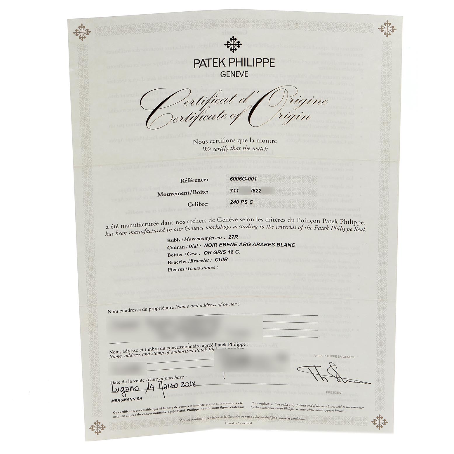 The image shows a Patek Philippe Calatrava 6006G-001 Men's White Gold Black Dial 6006G-001 Men's White Gold Black Dial Certificate of Origin, detailing reference, movement, and purchase date.