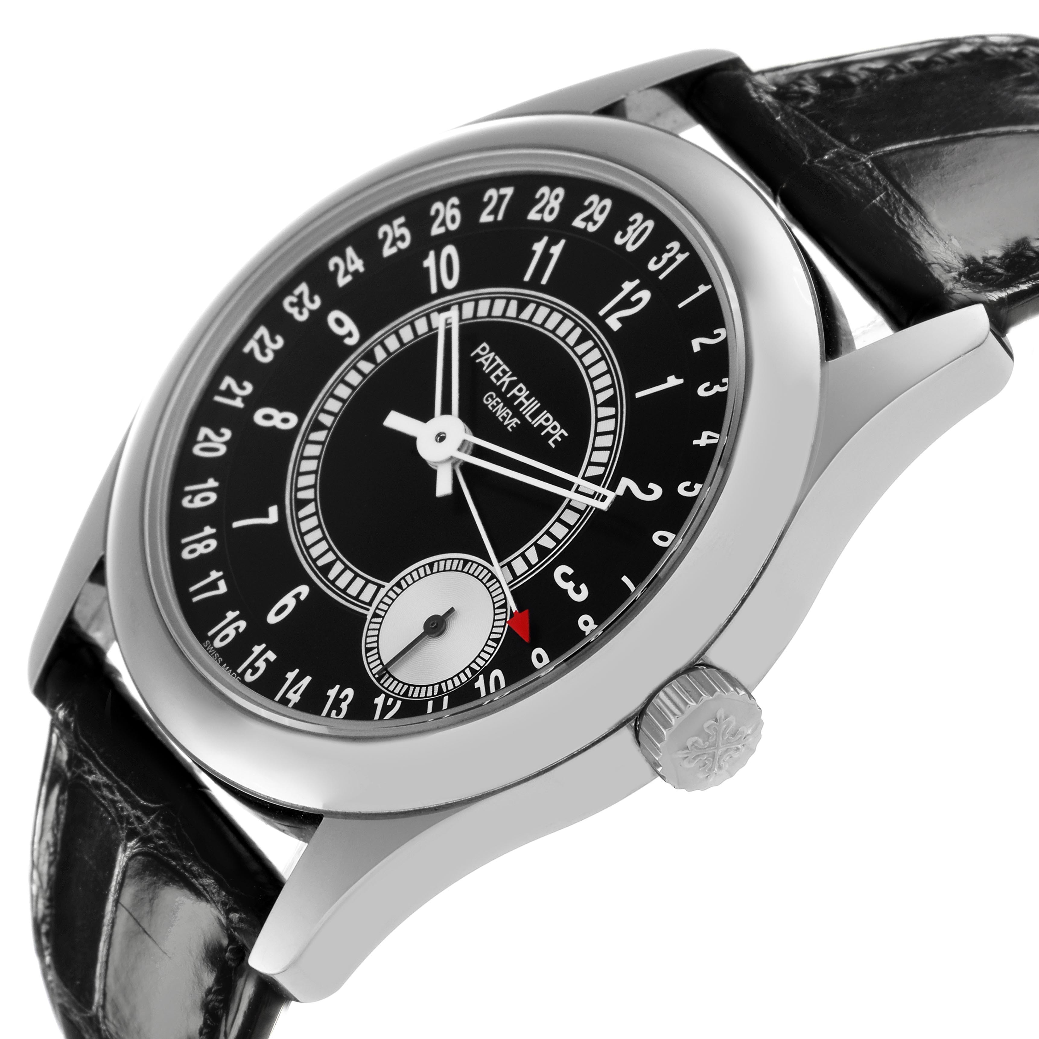 The Patek Philippe Calatrava 6006G-001 Men's White Gold Black Dial 6006G-001 Men's White Gold Black Dial watch is shown at an angled side view, highlighting the dial, crown, and leather strap.