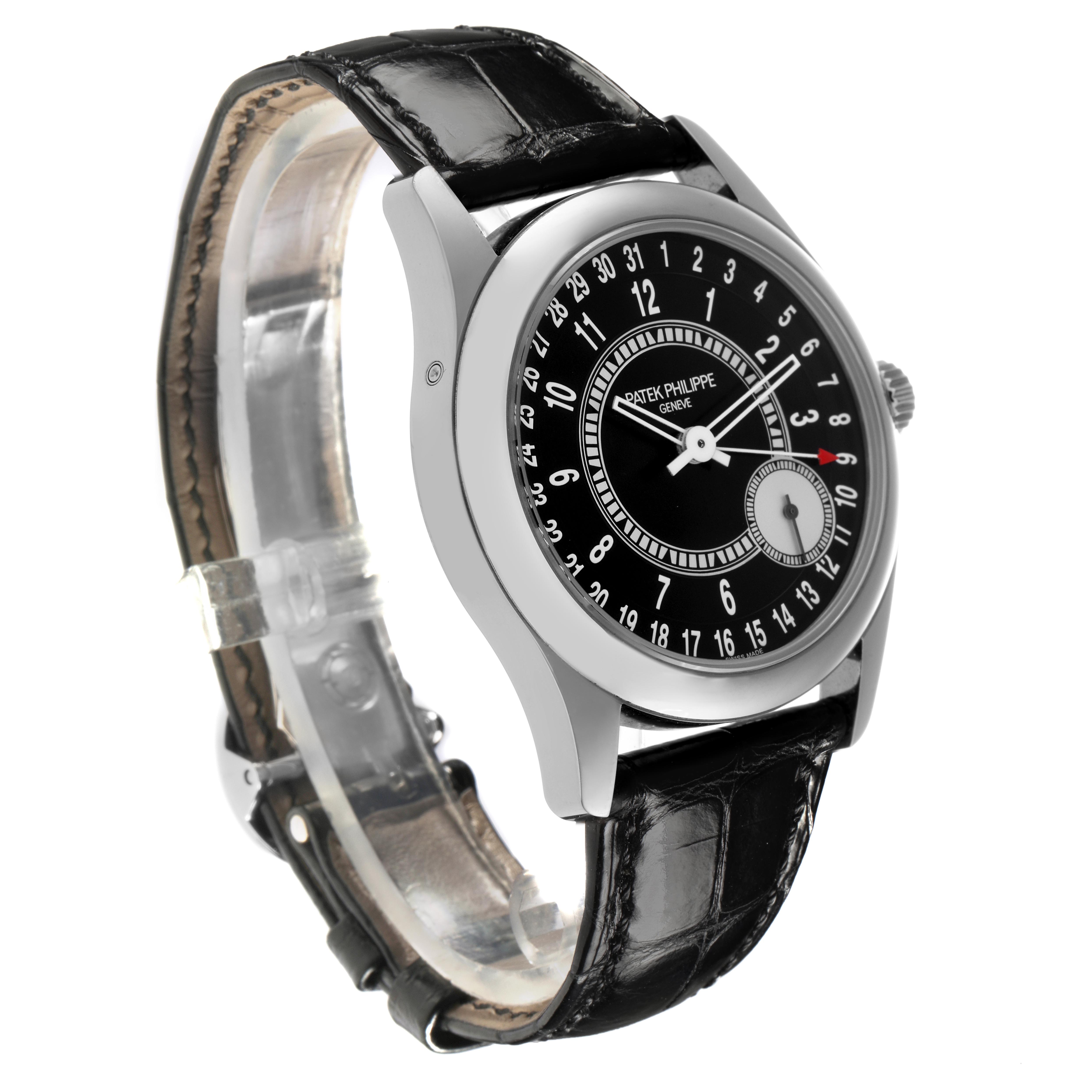 The Patek Philippe Calatrava 6006G-001 Men's White Gold Black Dial 6006G-001 Men's White Gold Black Dial watch is shown at a front-side angle, highlighting the dial and leather strap.