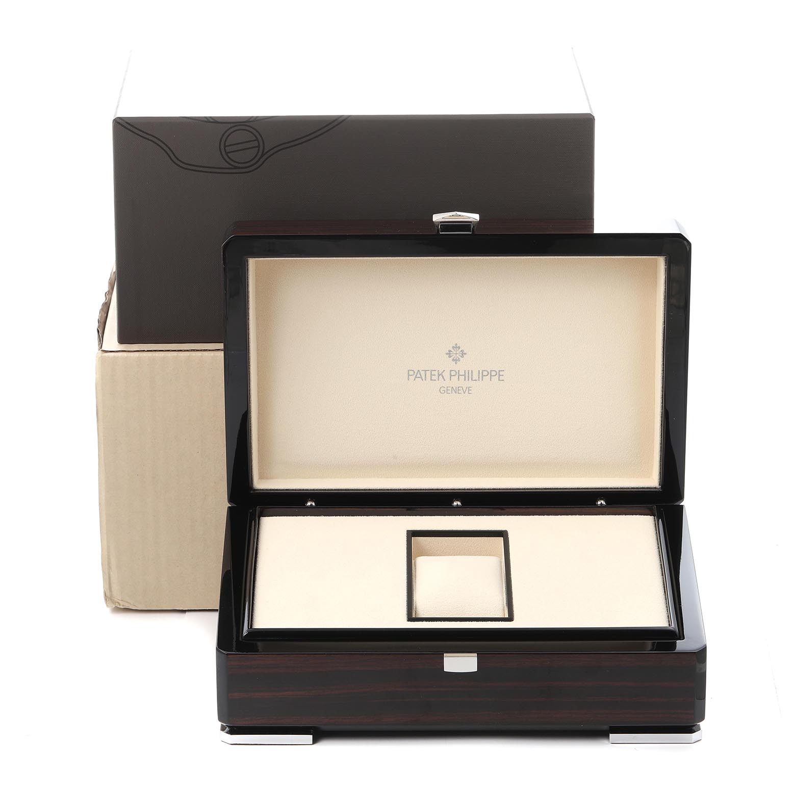 The image shows an open Patek Philippe Gondolo 5135G-010 Men
s White Gold Grey Dial 5135G-010 Men
s White Gold Grey Dial watch box at a front angle, with the interior visible and the logo inside.