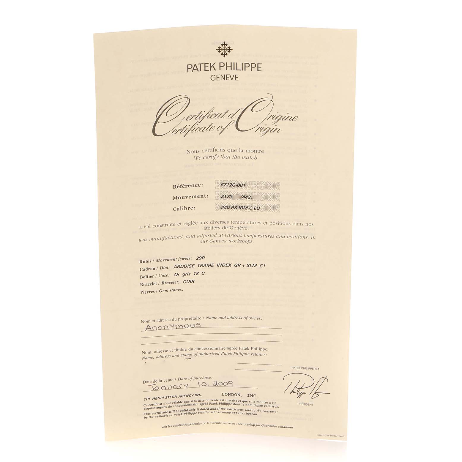 This image shows the Certificate of Origin for a Patek Philippe Nautilus 5712G-001 Men
s White Gold Grey Dial 5712G-001 Men
s White Gold Grey Dial watch, displaying reference and movement details.