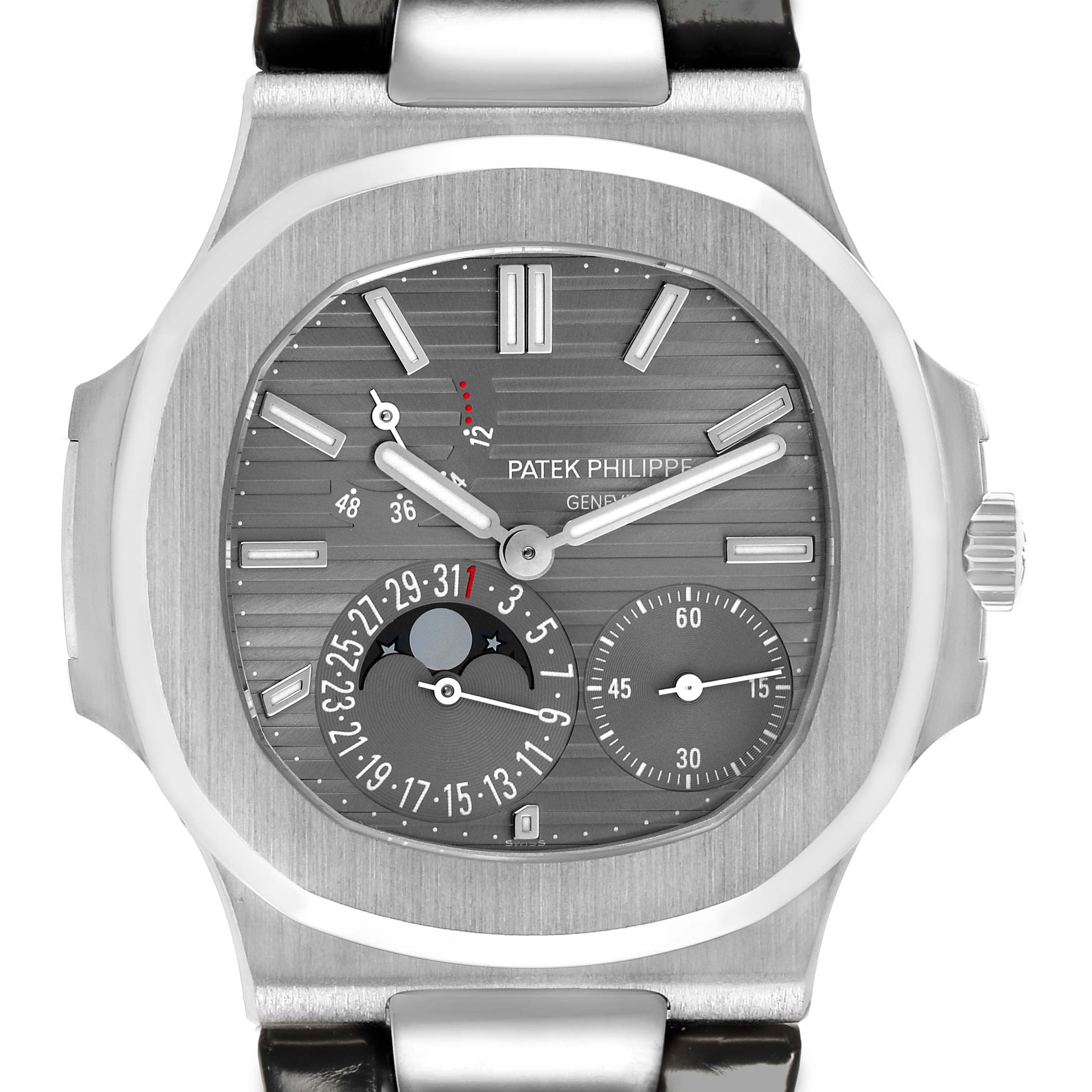 The Patek Philippe Nautilus 5712G-001 Men
s White Gold Grey Dial 5712G-001 Men
s White Gold Grey Dial watch is shown from a front angle, displaying the dial, hands, subdials, and bezel.
