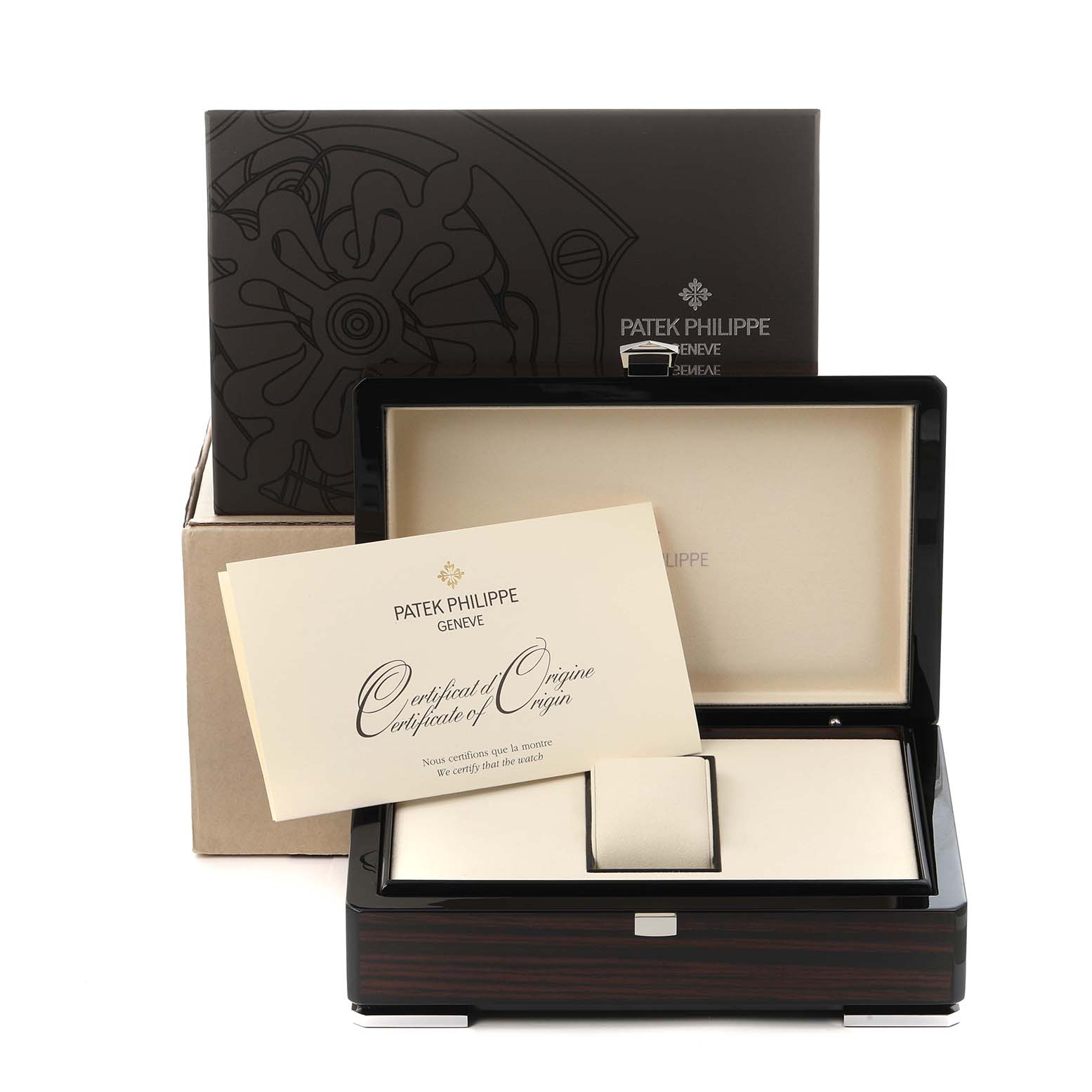 The image shows a Patek Philippe Nautilus 5712G-001 Men
s White Gold Grey Dial 5712G-001 Men
s White Gold Grey Dial watch box with an open lid, a "Certificate of Origin," and outer packaging.