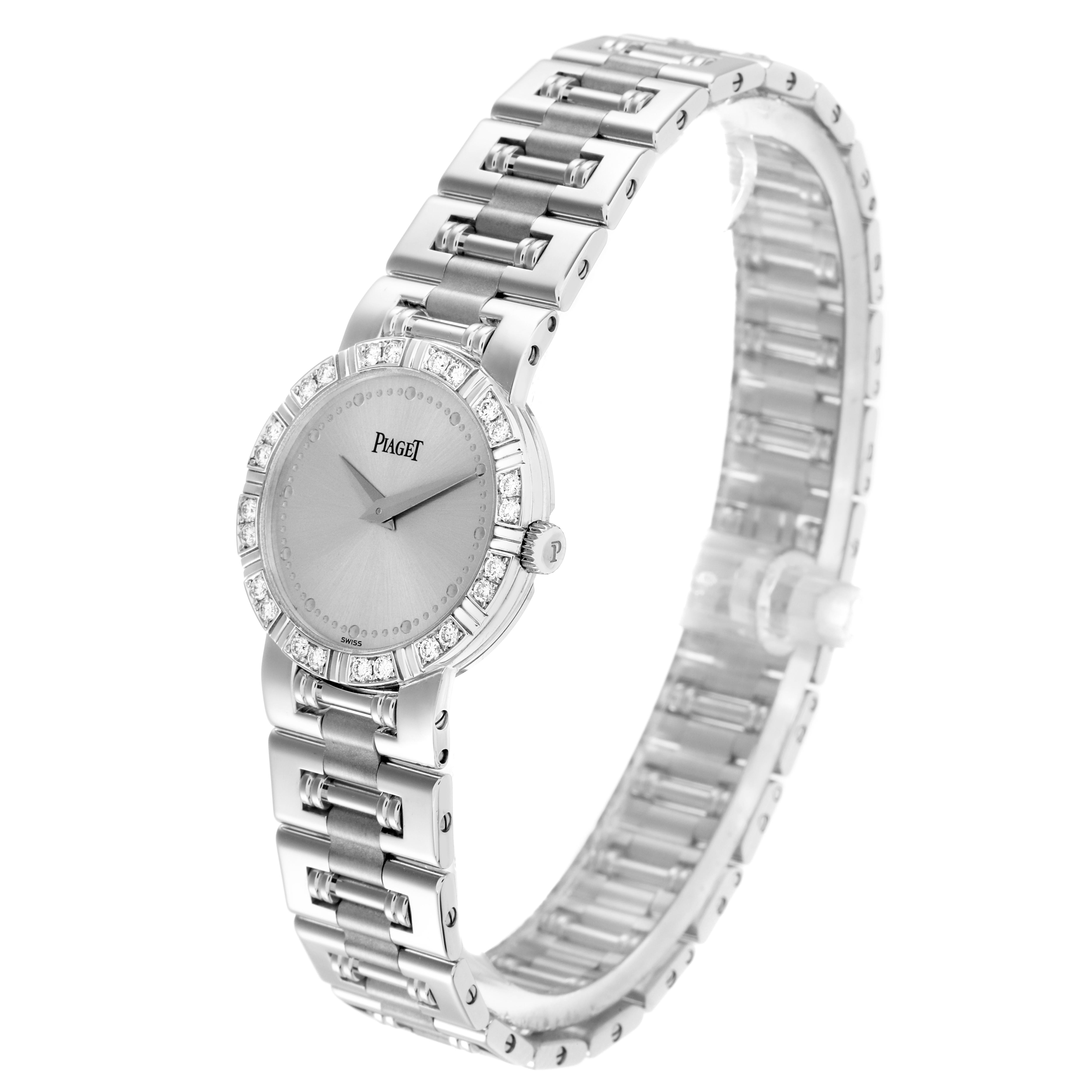 The Piaget 80564K81 Women
s White Gold Silver Dial 80564K81 Women
s White Gold Silver Dial Dancer White Gold Diamond Ladies Watch 80564 is shown at a three-quarter angle, highlighting its diamond bezel and bracelet.