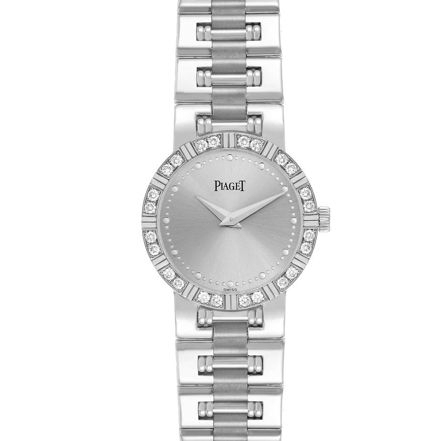The Piaget Dancer White Gold Diamond Ladies Watch 80564 is shown from the front, highlighting its diamond-set bezel and silver dial.