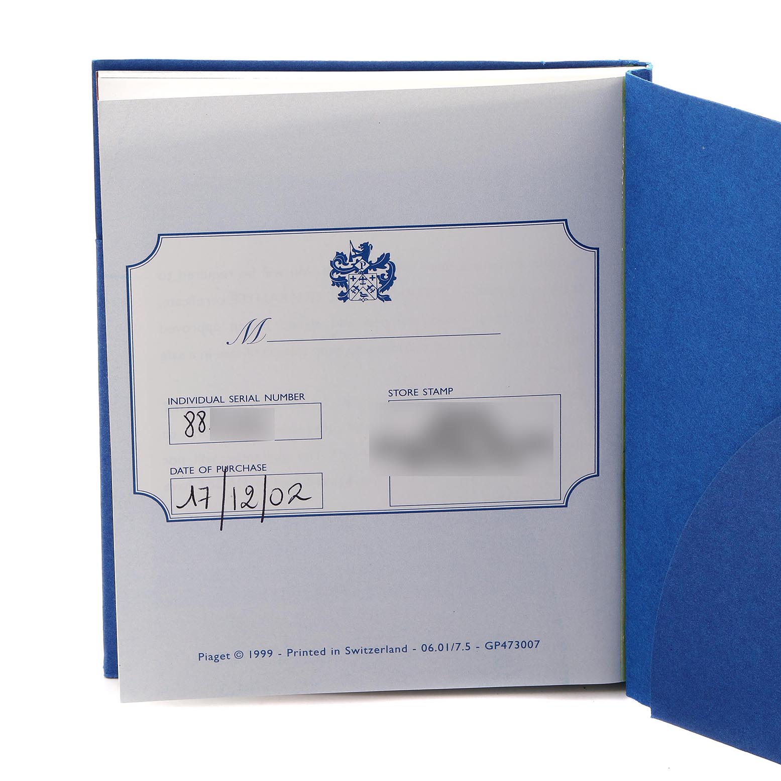 The image shows the paperwork with a purchase date for the Piaget 80564K81 Women
s White Gold Silver Dial 80564K81 Women
s White Gold Silver Dial Dancer White Gold Diamond Ladies Watch model 80564.