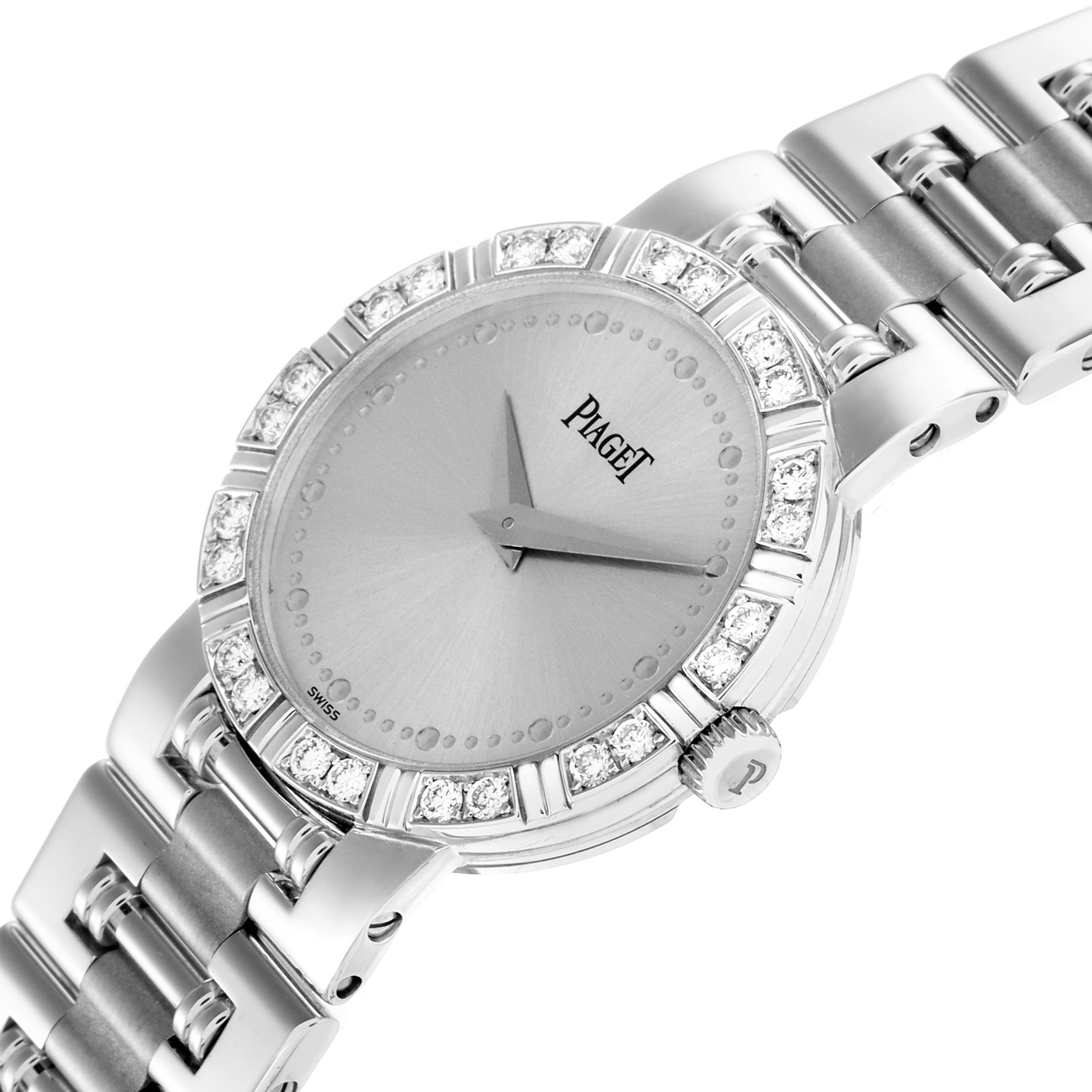 The Piaget 80564K81 Women
s White Gold Silver Dial 80564K81 Women
s White Gold Silver Dial Dancer White Gold Diamond Ladies Watch 80564 is shown at an angle displaying its diamond bezel, dial, and bracelet.