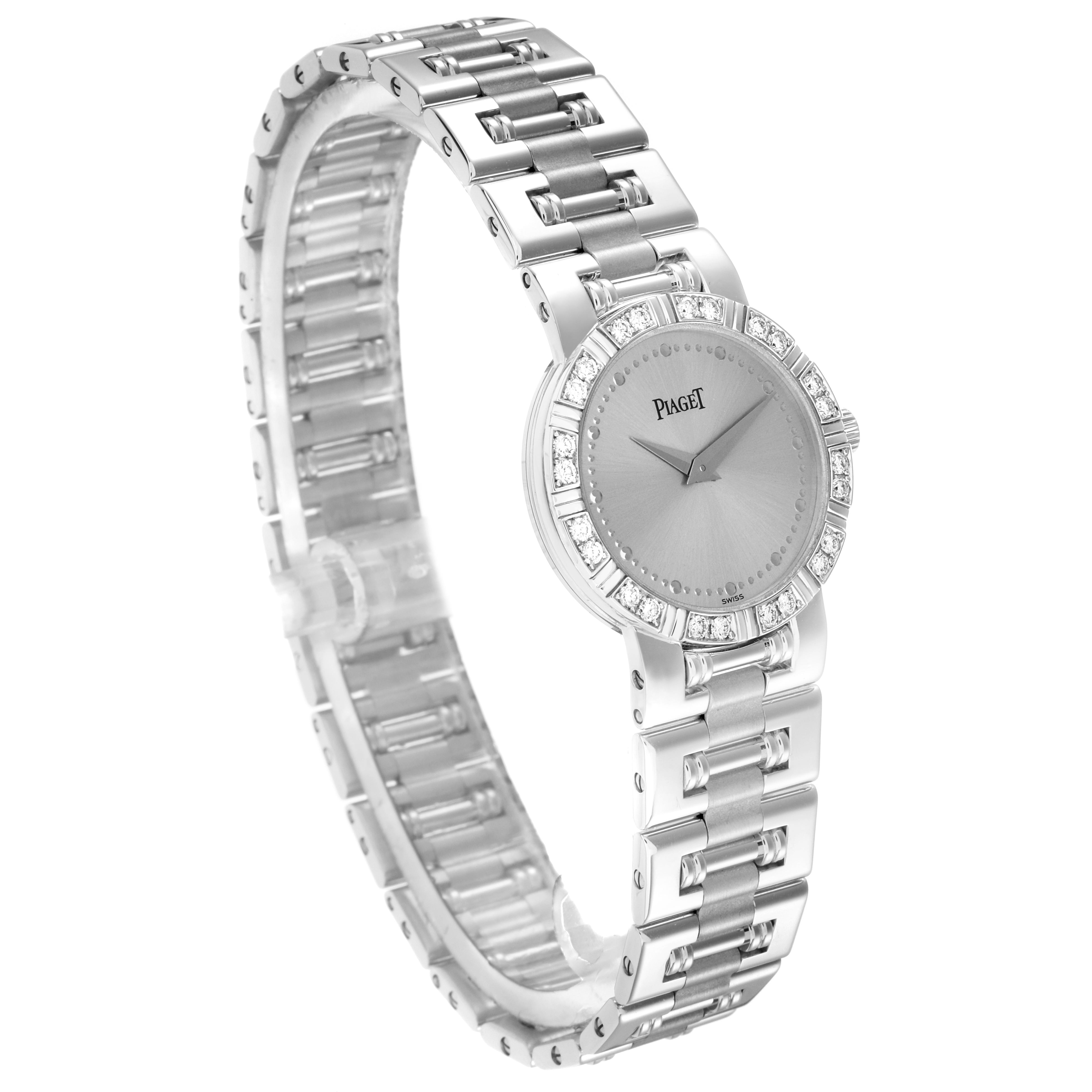 The Piaget 80564K81 Women
s White Gold Silver Dial 80564K81 Women
s White Gold Silver Dial Dancer White Gold Diamond Ladies Watch 80564 is shown in a three-quarter angle, highlighting the bracelet and diamond bezel.
