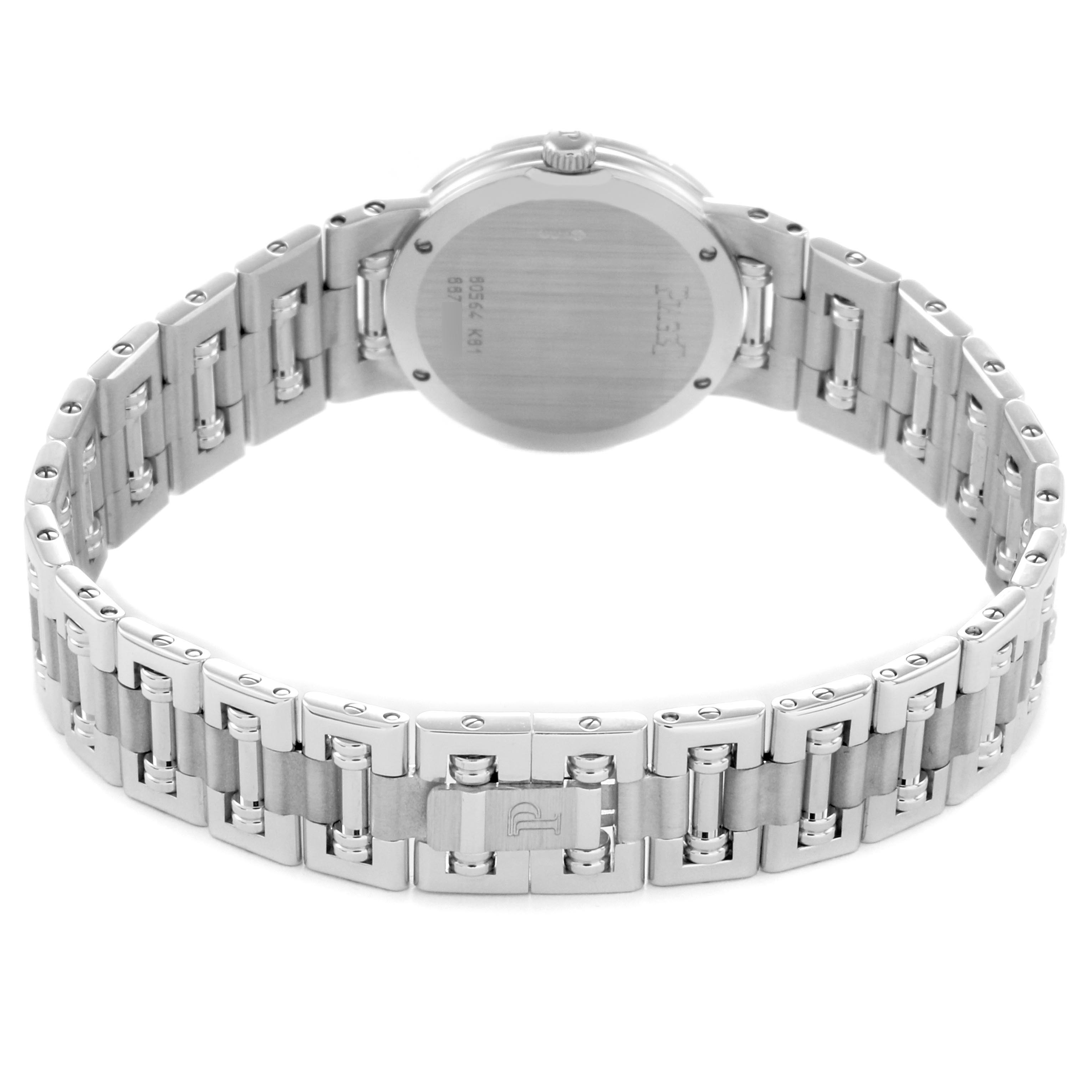The image shows the back and bracelet of the Piaget 80564K81 Women
s White Gold Silver Dial 80564K81 Women
s White Gold Silver Dial Dancer White Gold Diamond Ladies Watch 80564.