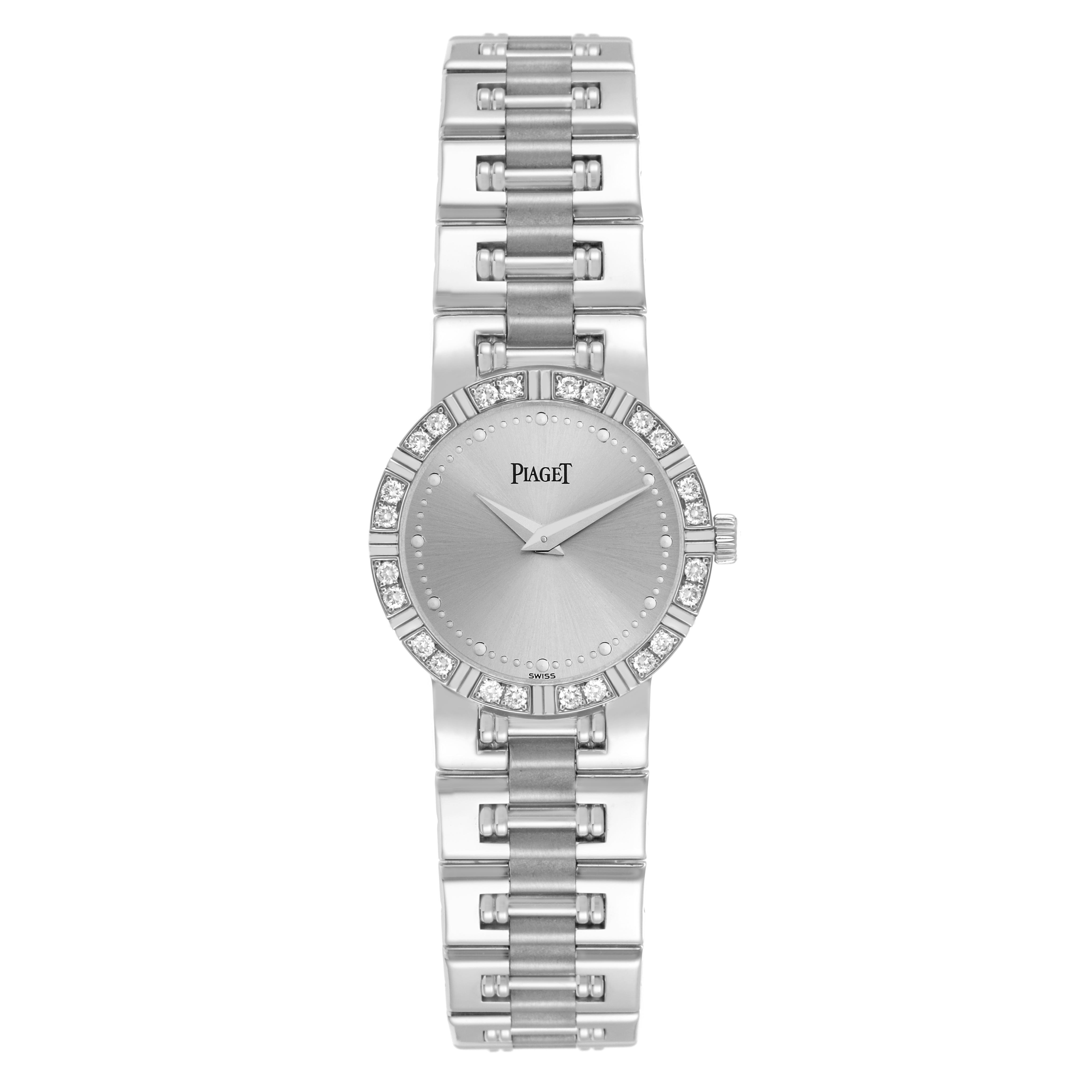 The Piaget 80564K81 Women
s White Gold Silver Dial 80564K81 Women
s White Gold Silver Dial Dancer White Gold Diamond Ladies Watch is shown from the front, highlighting the dial, bezel with diamonds, and bracelet.