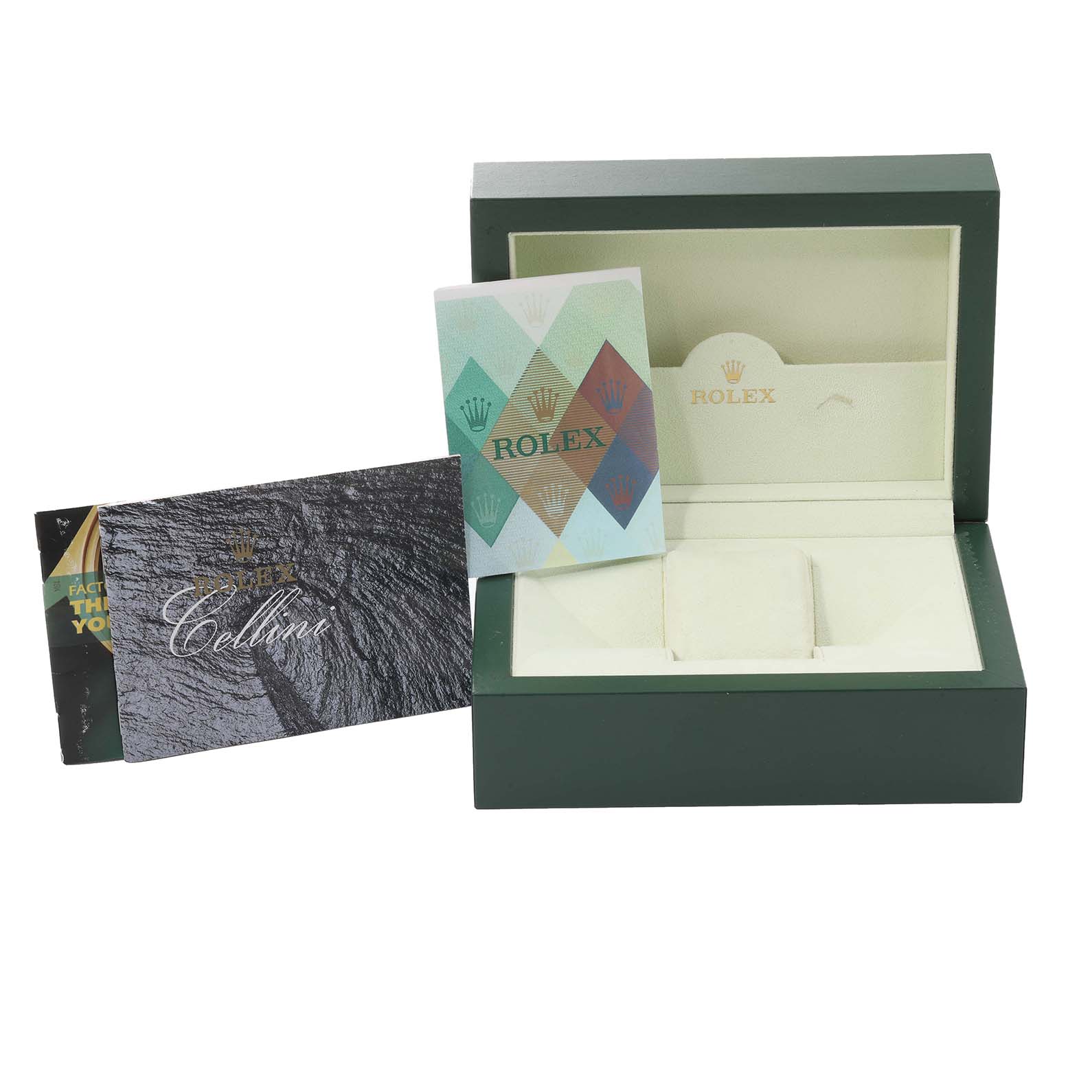 The image shows a Rolex Cellini 6621 Women's Yellow Gold White Dial 6621 Women's Yellow Gold White Dial watch box with accompanying booklets and documentation.