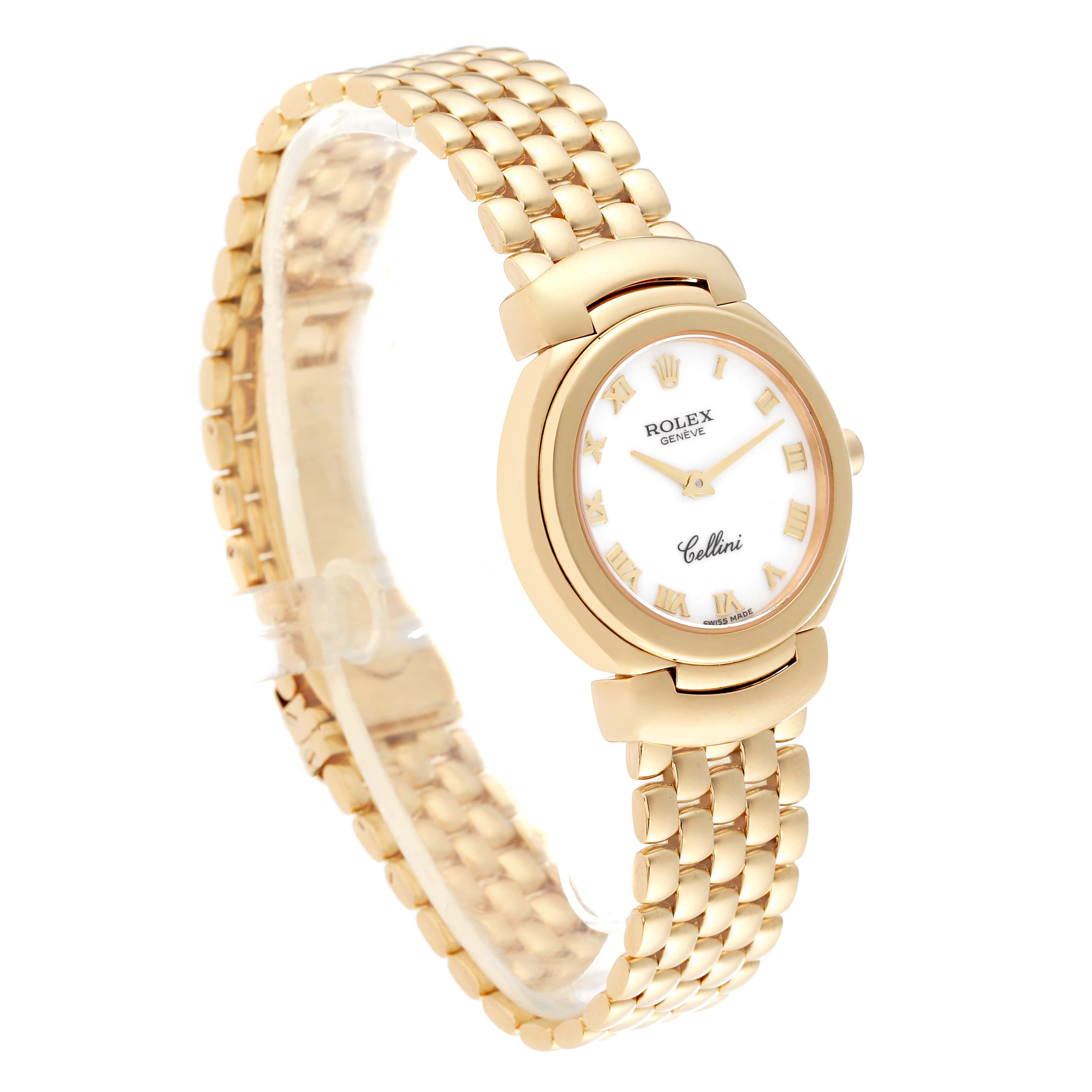 This image shows a Rolex Cellini 6621 Women's Yellow Gold White Dial 6621 Women's Yellow Gold White Dial watch at a three-quarter angle, highlighting its gold bracelet and round dial.