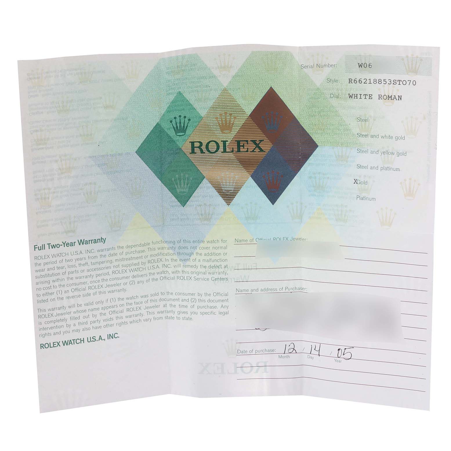 This is a Rolex warranty card for the Rolex Cellini 6621 Women's Yellow Gold White Dial 6621 Women's Yellow Gold White Dial model, shown at a direct angle.