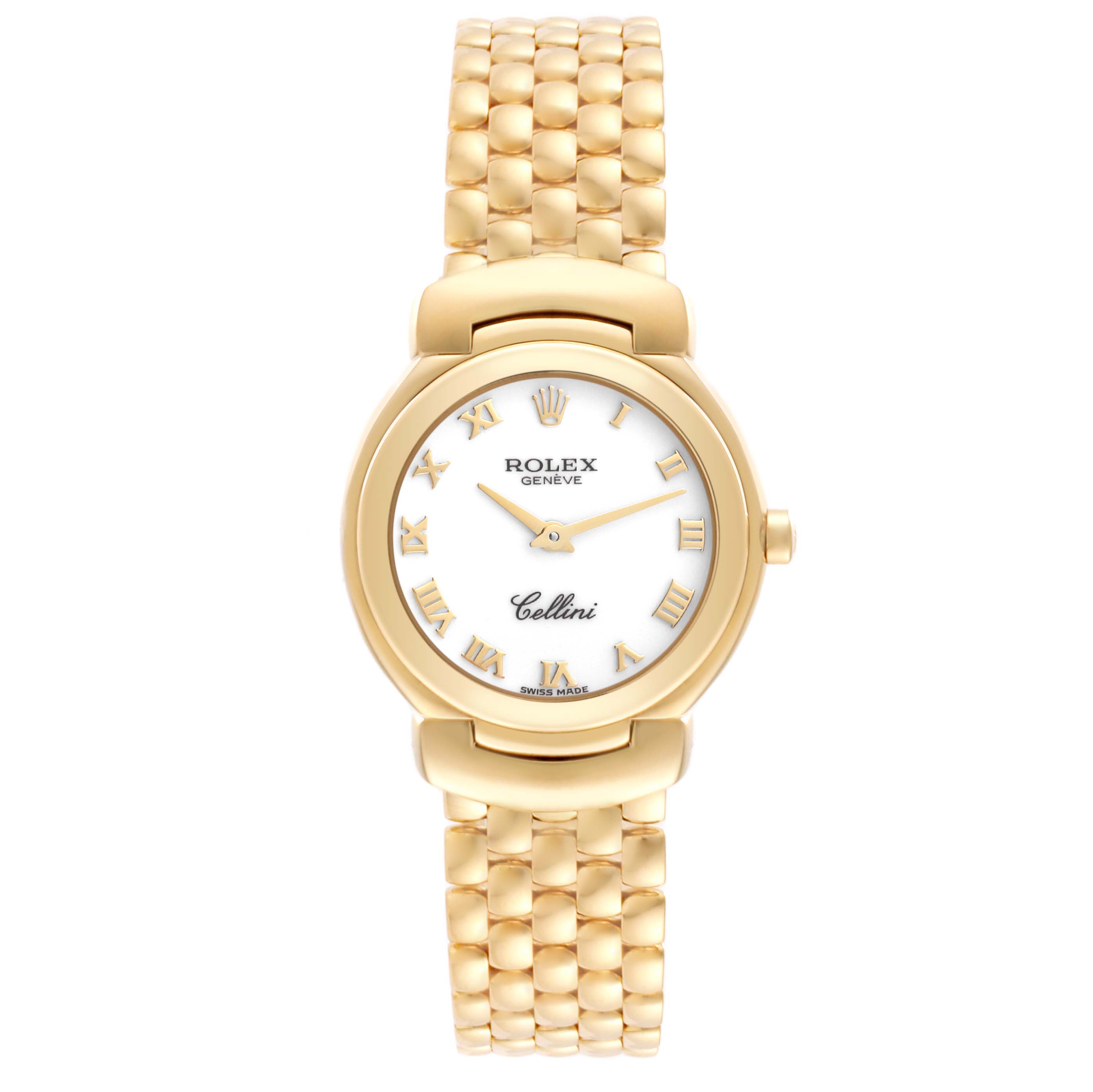 The image shows a frontal view of a Rolex Cellini 6621 Women's Yellow Gold White Dial 6621 Women's Yellow Gold White Dial watch, highlighting the dial, bezel, and bracelet.