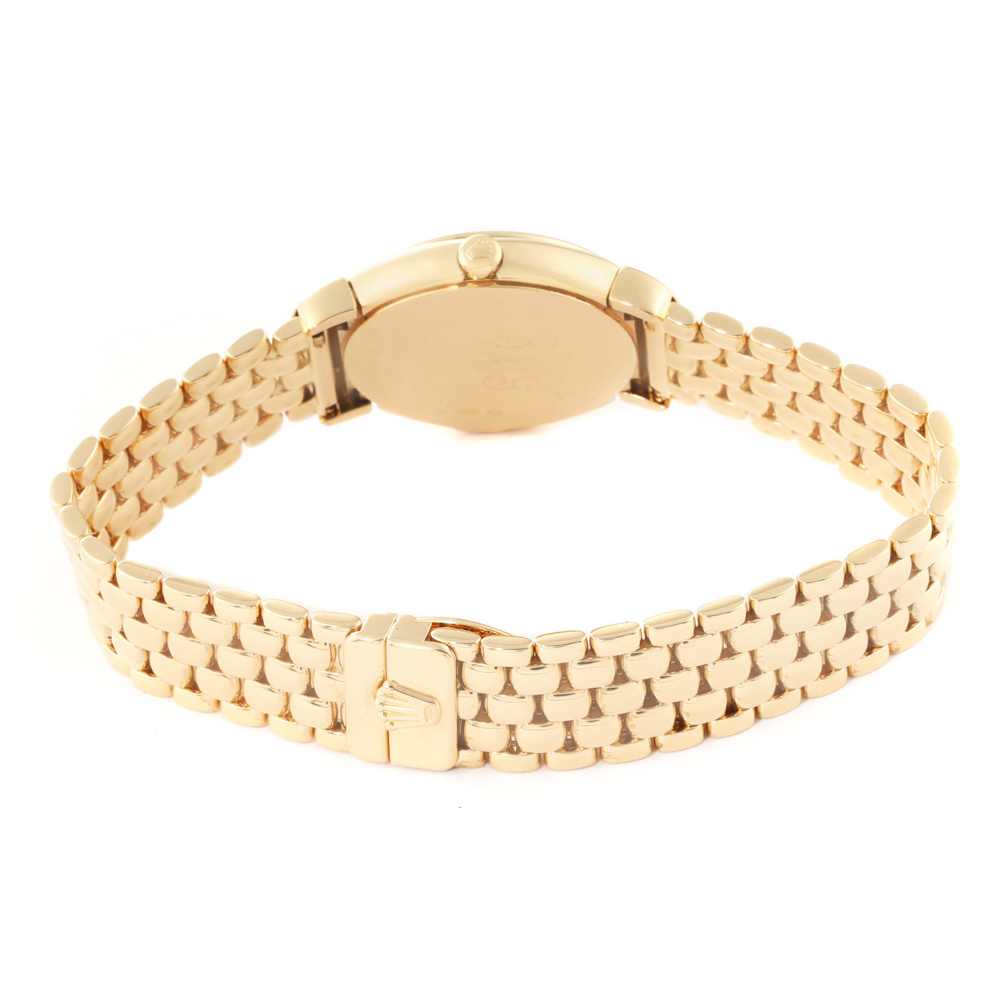 The image shows a rear view of the Rolex Cellini 6621 Women's Yellow Gold White Dial 6621 Women's Yellow Gold White Dial watch, focusing on its golden bracelet and clasp.