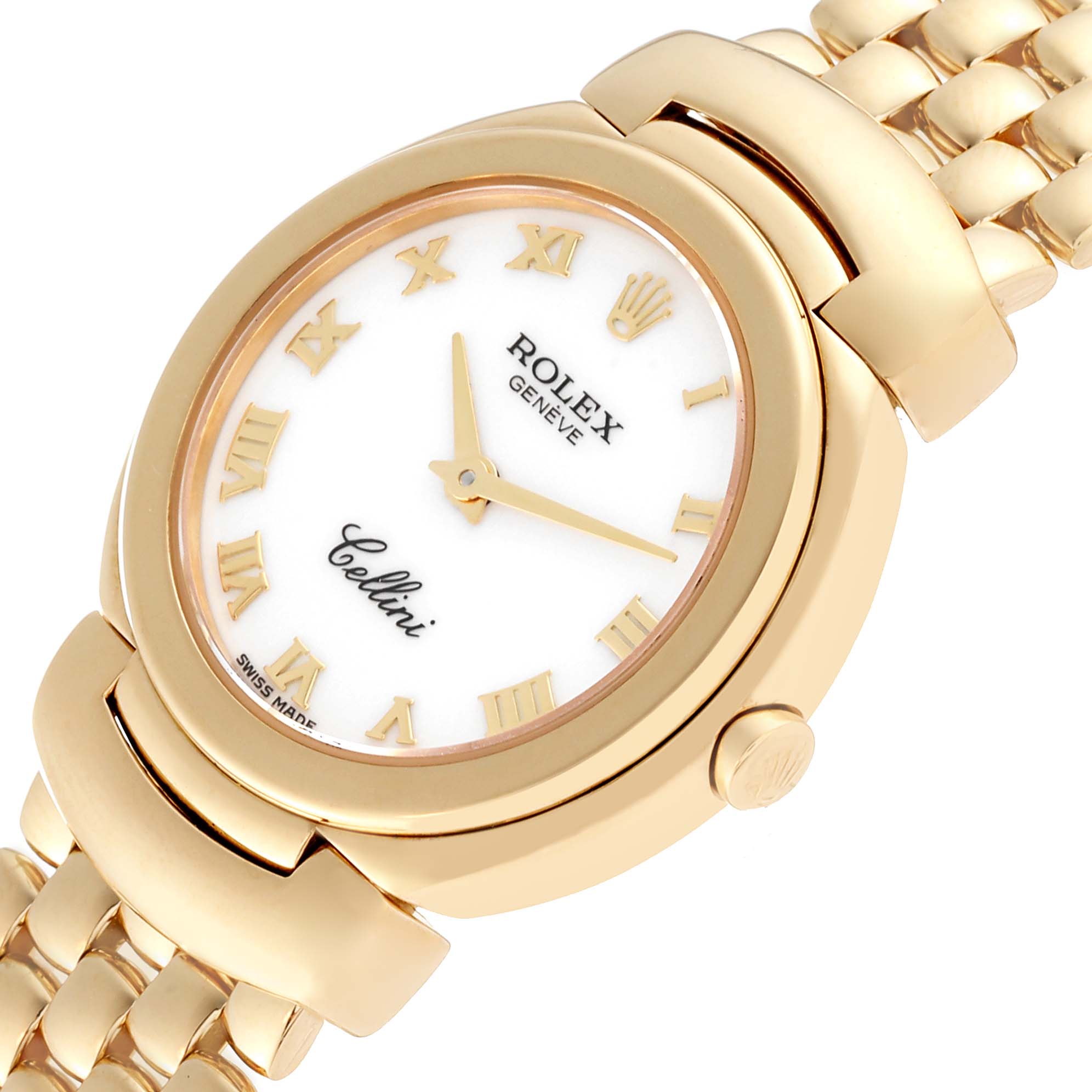The image shows the face and part of the band of a Rolex Cellini 6621 Women's Yellow Gold White Dial 6621 Women's Yellow Gold White Dial watch at a tilted angle.