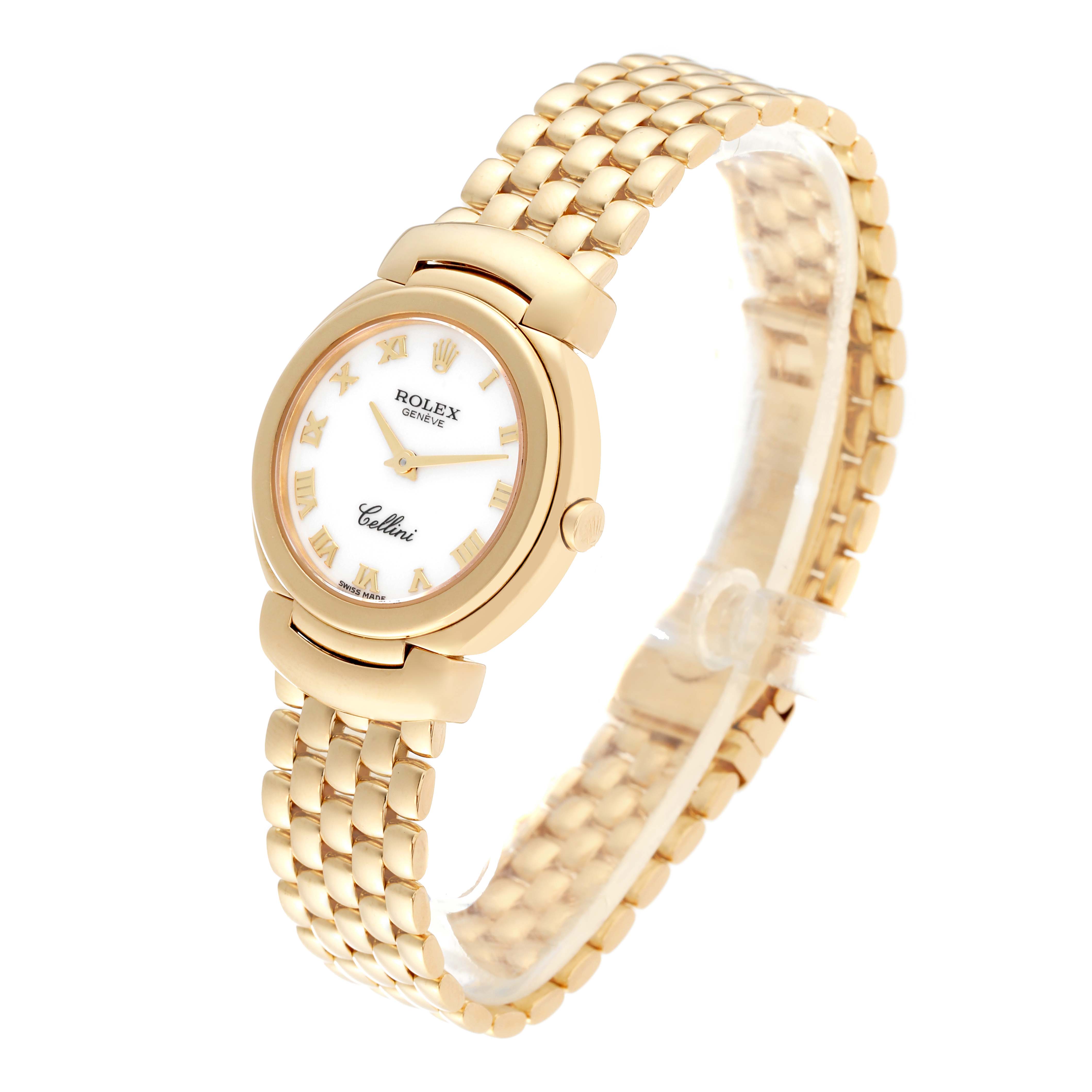 This image shows a Rolex Cellini 6621 Women's Yellow Gold White Dial 6621 Women's Yellow Gold White Dial watch at a slight angle, displaying the face, bezel, case, and part of the bracelet.
