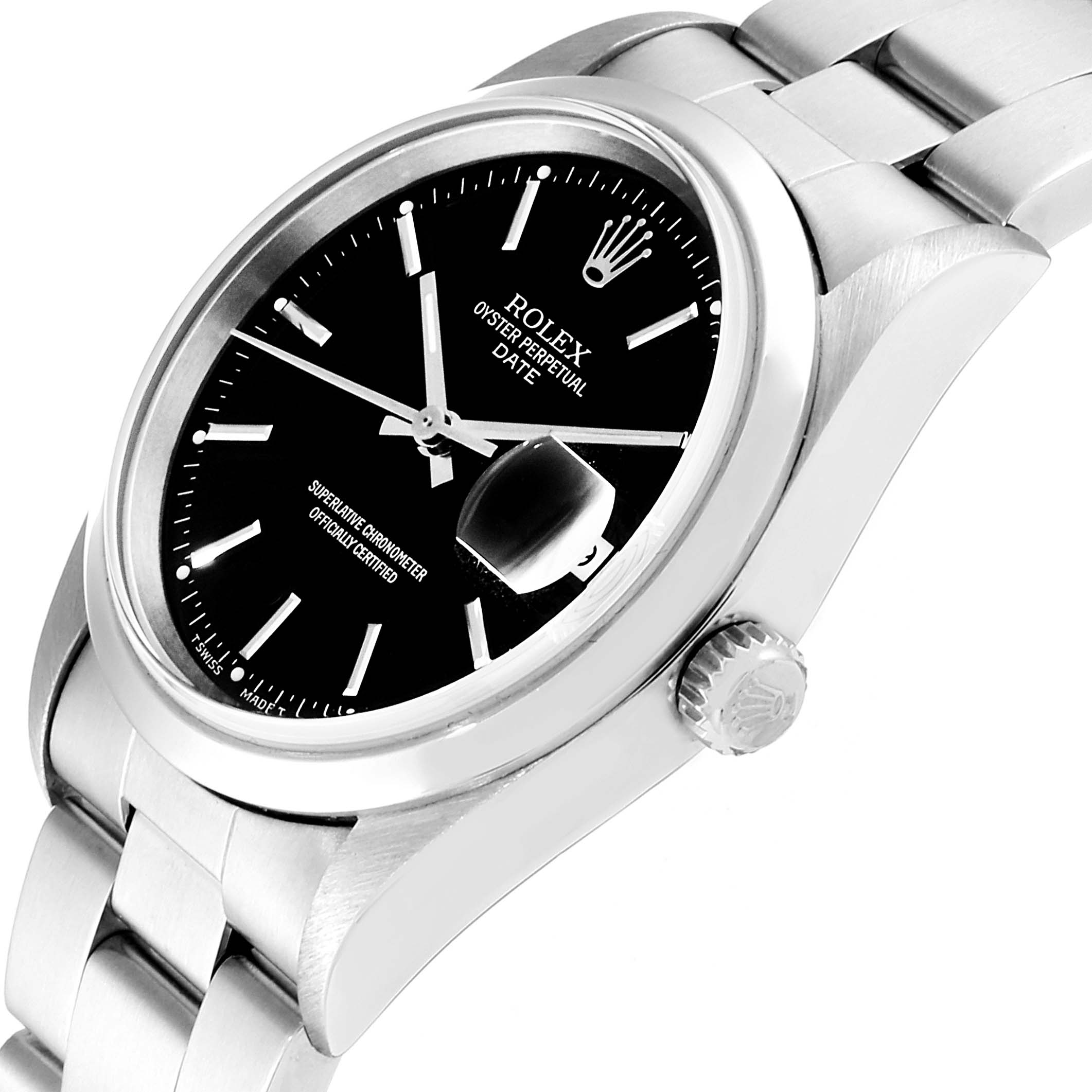 The Rolex Date 15200 Men's Stainless Steel Black Dial 15200 Men's Stainless Steel Black Dial model watch is shown at a slight angle, highlighting the dial, crown, and part of the bracelet.