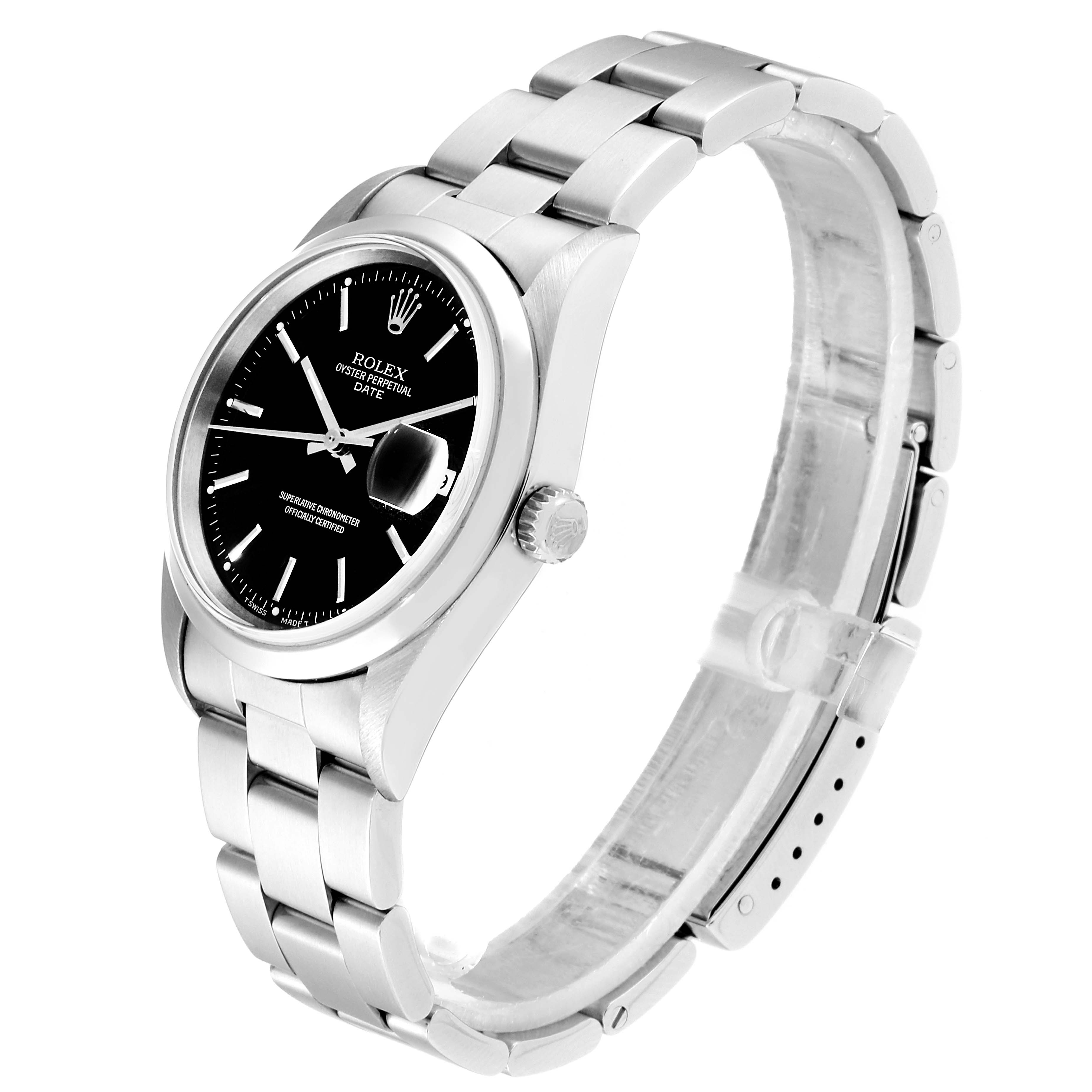 The watch in the image is a Rolex Date 15200 Men's Stainless Steel Black Dial 15200 Men's Stainless Steel Black Dial model, shown from a three-quarter angle displaying the dial, bezel, crown, and bracelet.