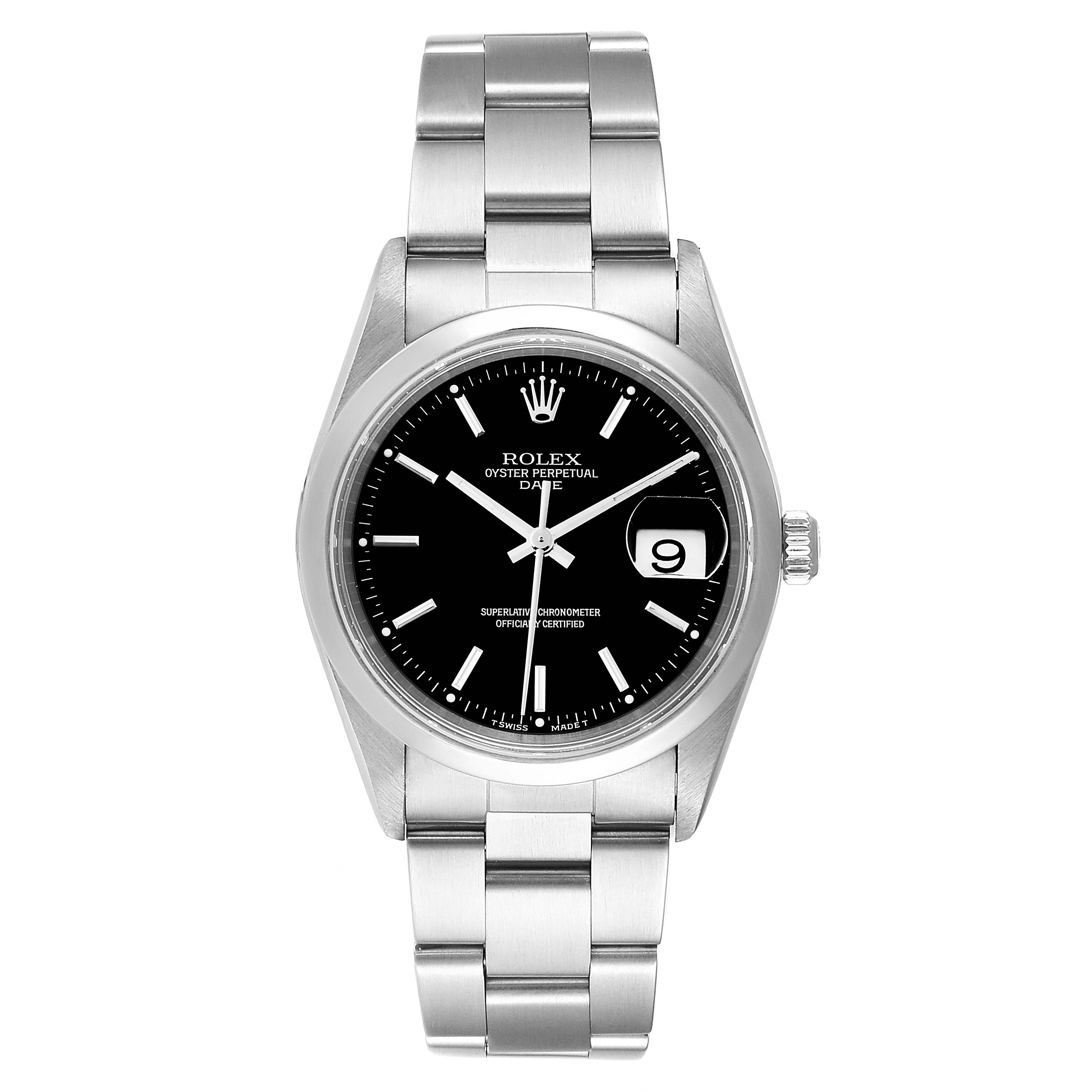 This is a front view of a Rolex Date 15200 Men's Stainless Steel Black Dial 15200 Men's Stainless Steel Black Dial model watch, showing the dial, case, and bracelet.