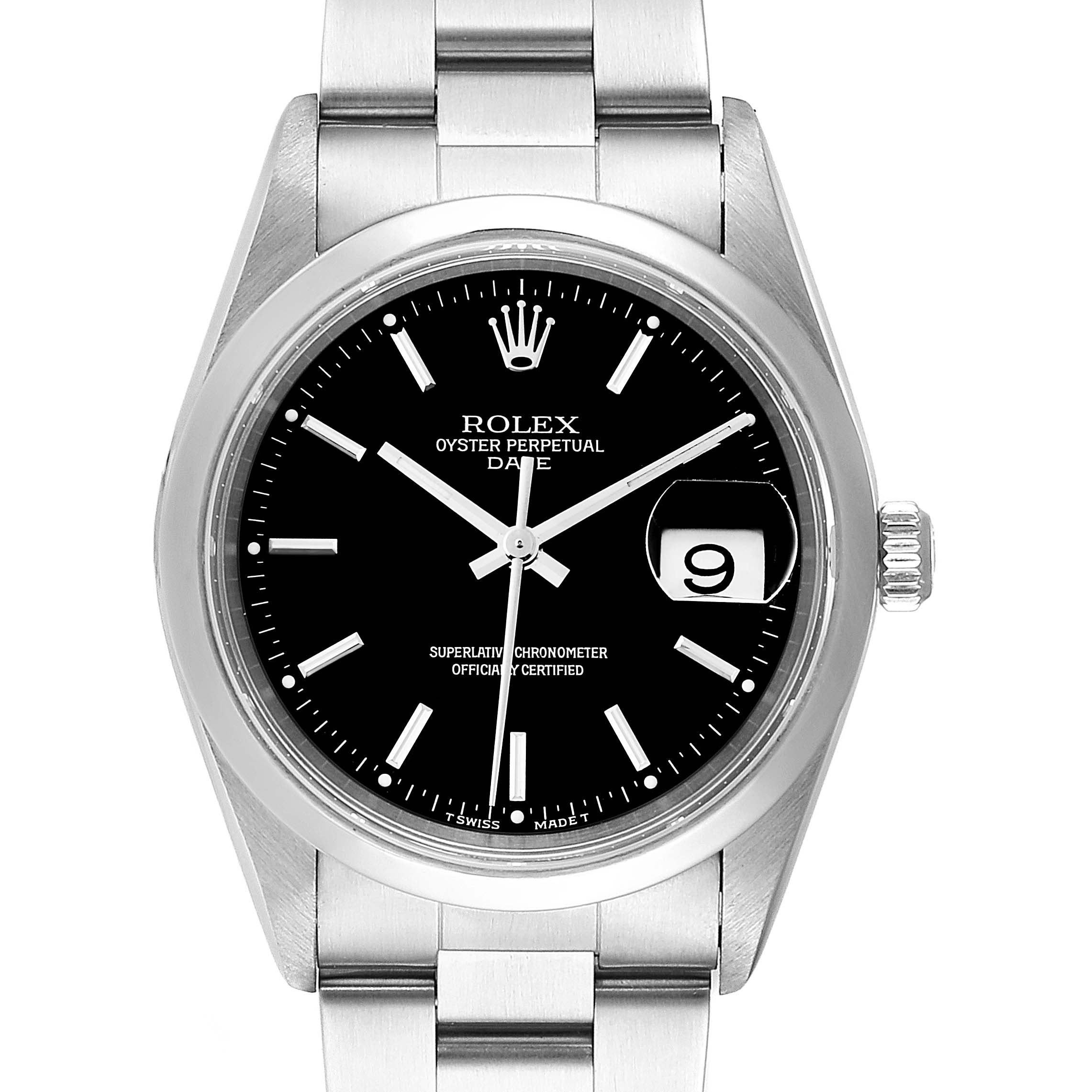 The image shows a front view of a Rolex Oyster Perpetual Date watch, focusing on the dial and bracelet.