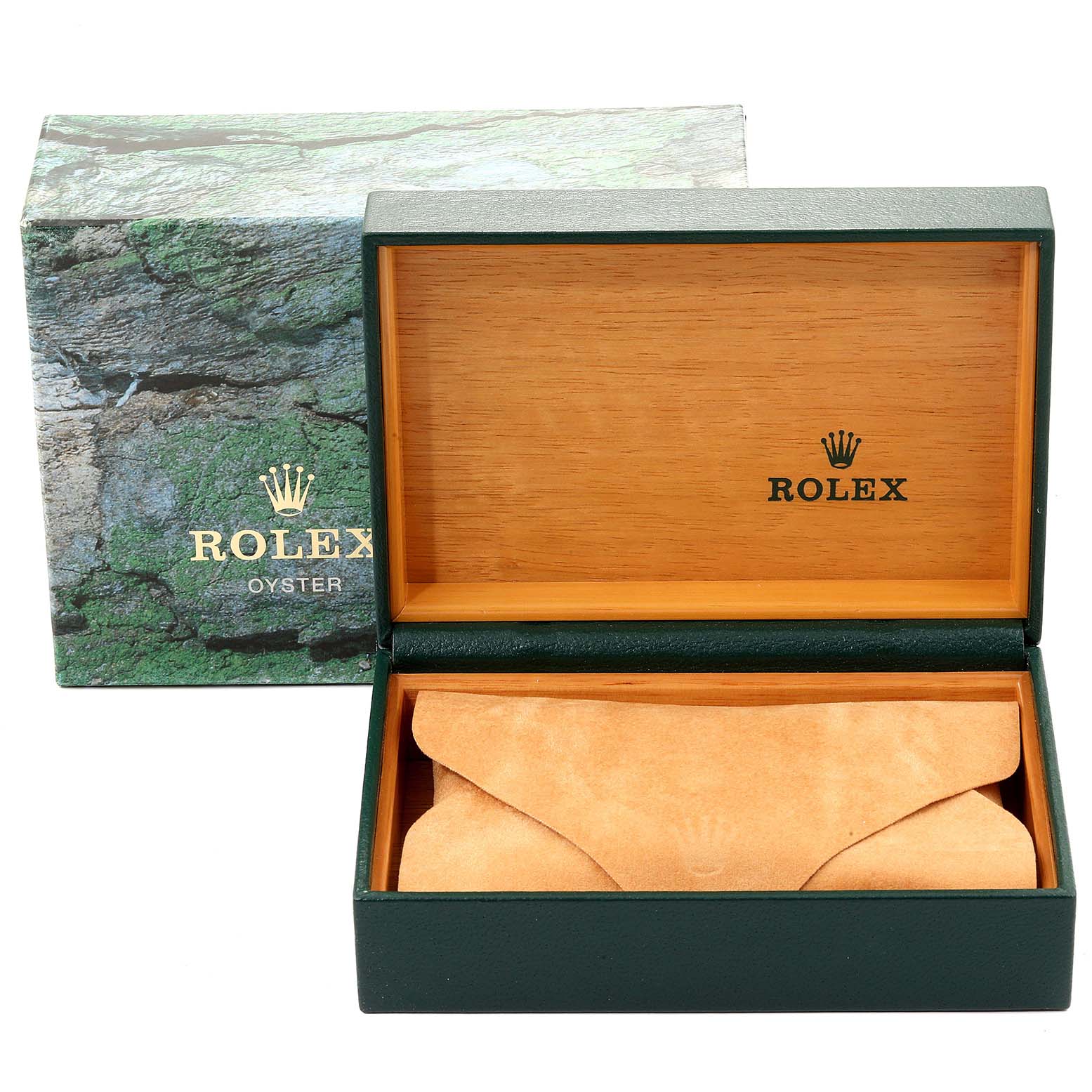 The image shows an open Rolex Date 15200 Men's Stainless Steel Black Dial 15200 Men's Stainless Steel Black Dial model watch box, revealing its interior and a suede pouch inside.