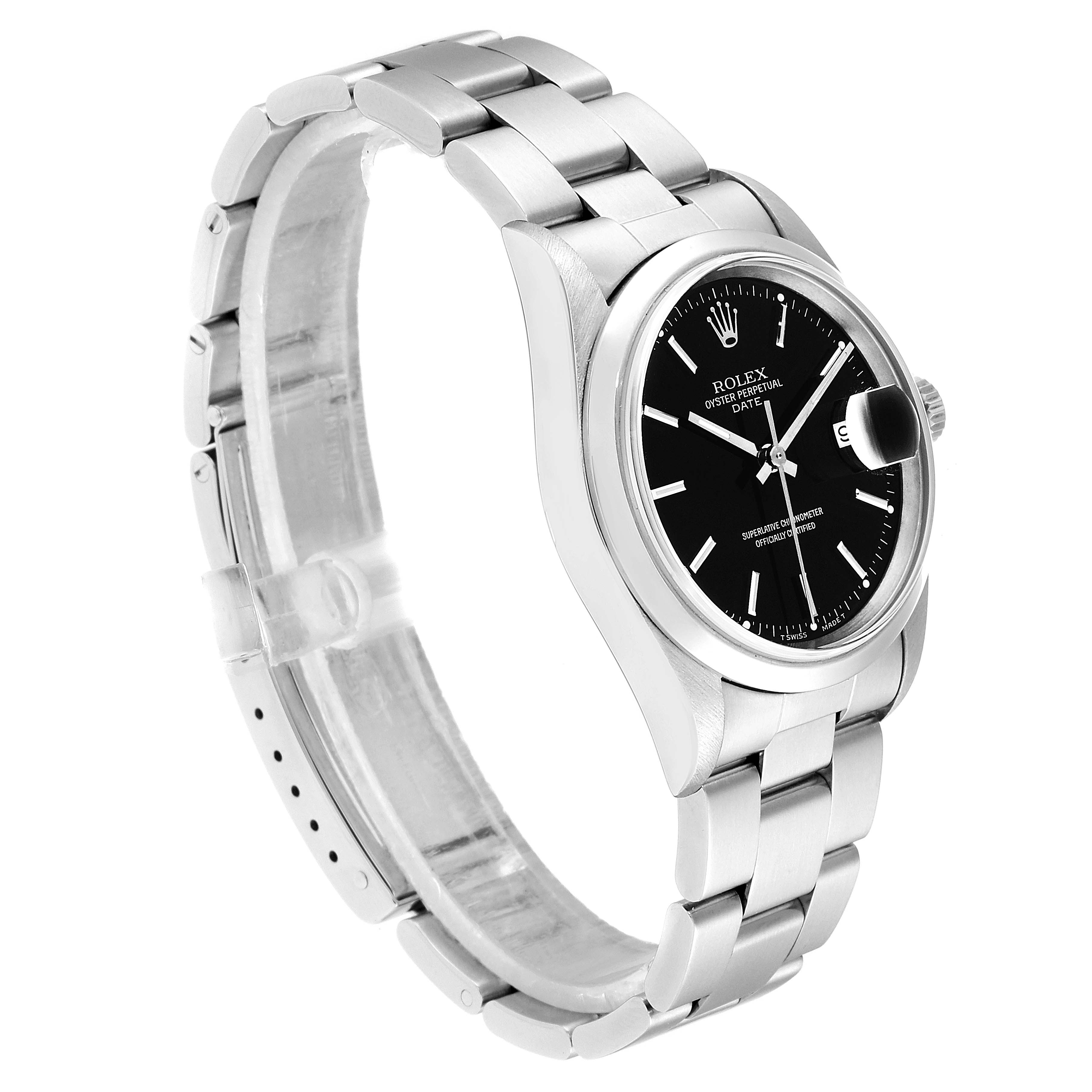 The image shows a Rolex Date 15200 Men's Stainless Steel Black Dial 15200 Men's Stainless Steel Black Dial model watch from a three-quarter angle, highlighting the dial, bezel, and bracelet.