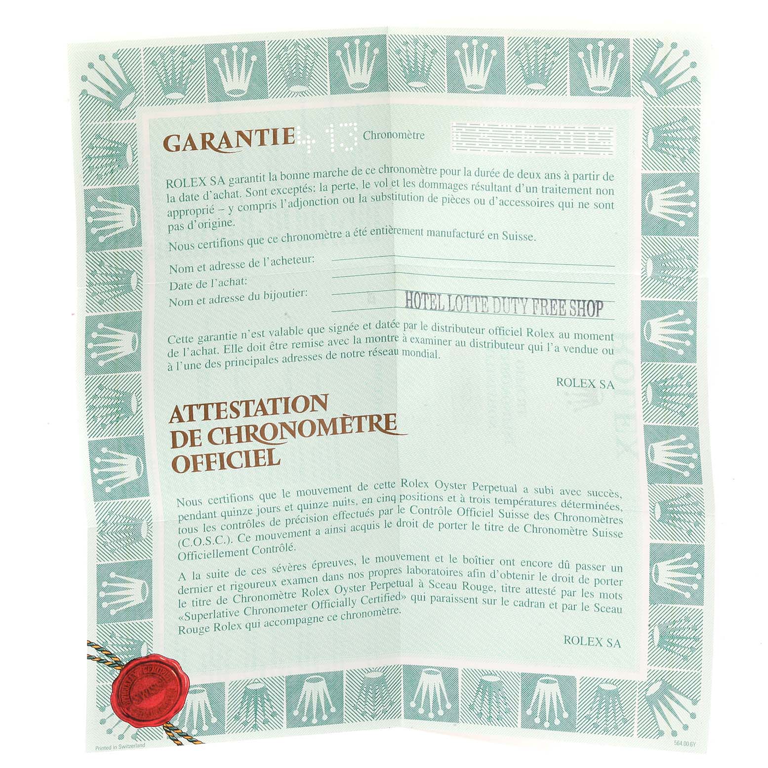 This is a warranty certificate and chronometer certification for a Rolex Date 15200 Men's Stainless Steel White Dial 15200 Men's Stainless Steel White Dial model watch, shown laid flat.