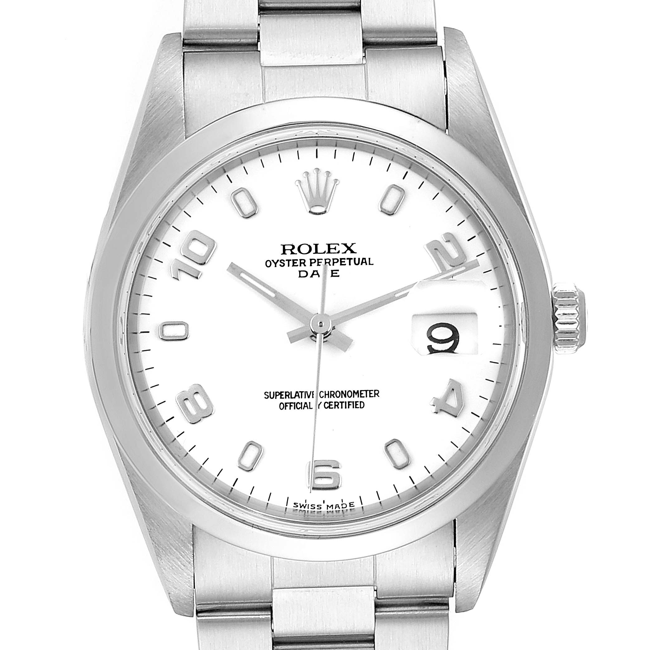 The image shows a front view of a Rolex Date 15200 Men's Stainless Steel White Dial 15200 Men's Stainless Steel White Dial model watch, highlighting its face, bezel, crown, and bracelet.